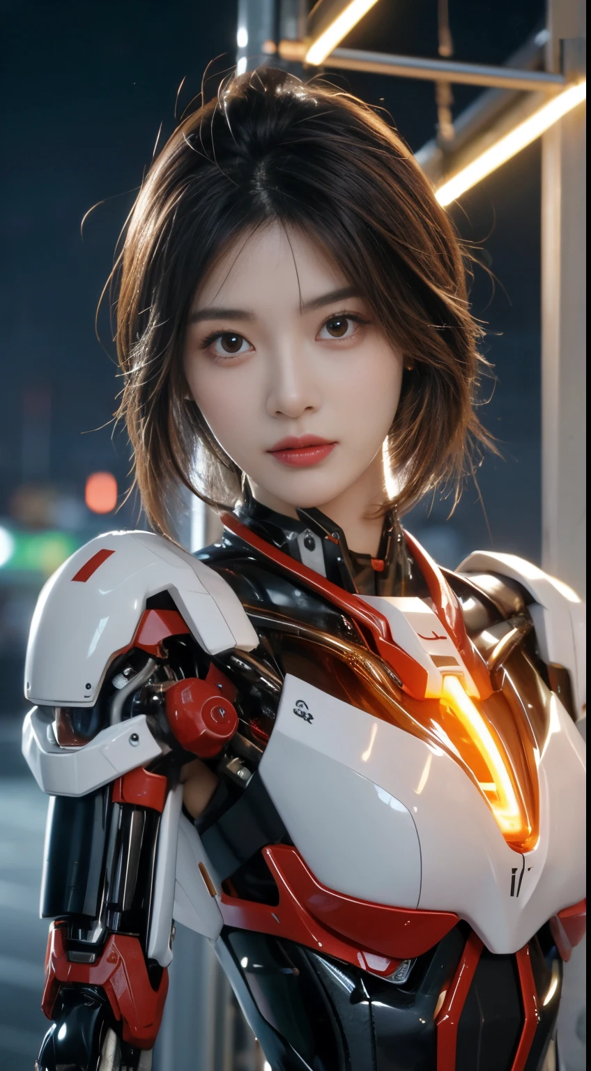 (1 Mechanical Girl)、top-quality、​masterpiece、超A high resolution、(Photorealsitic:1.4)、Raw photo、女の子1人、Golden hair、glowy skin、(((1 Mechanical Girl)))、（LED Lamp Mechanical Helmet）、(Small LED)、((super realistic details))、portlate、globalillumination、Shadow、octan render、8K、ultrasharp、Colossal tits、Raw skin is exposed in cleavage、metals、Details of complex ornaments、Japan details、highly intricate detail、Realistic light、CGSoation Trends、Red Eyes、radiant eyes、Facing the camera、neon details、(Mechanical limbs)、(blood vessels connected to tubes)、Mechanical vertebrae attached to the back、mechanical cervical attaching to neck、(Wires and cables connecting to the head)、Gundam、Small LED、,Mechanical thighs、Toostock、