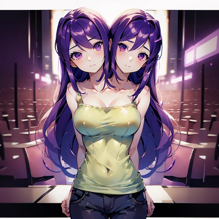 (highest quality, amazing details: 1.25), medium breasts, detailed eyes, detailed face, (2heads:1.5), 1girl, anime girl with two heads, purple hair color, casual look, white tank top, pants, two women in love, shy