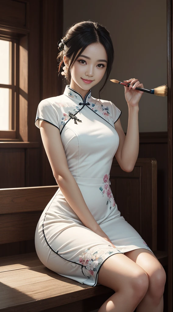 signed, jewely,Highly detailed CG unified 8k wallpaper,tmasterpiece, best qualtiy, ultra - detailed, beautiful and delicate eyes:1.2,The best lighting, (The best shadow, Very delicately beautiful, full bloom),(tmasterpiece:1,2), best qualtiy, tmasterpiece, hight resolution, Original, highly detailed wallpaper, Perfect litthing,(Highly detailed CG:1.2), painting of a, Paintbrush, sit pose, cross leg,qipao dress,a smile,