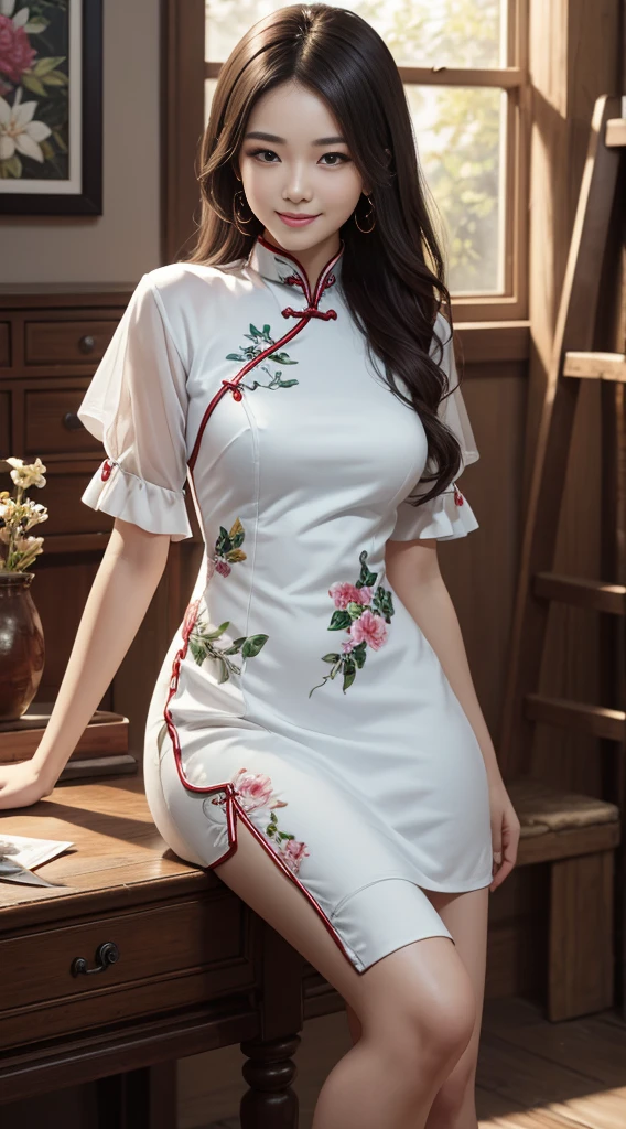 signed, jewely,Highly detailed CG unified 8k wallpaper,tmasterpiece, best qualtiy, ultra - detailed, beautiful and delicate eyes:1.2,The best lighting, (The best shadow, Very delicately beautiful, full bloom),(tmasterpiece:1,2), best qualtiy, tmasterpiece, hight resolution, Original, highly detailed wallpaper, Perfect litthing,(Highly detailed CG:1.2), painting of a, Paintbrush, sit pose, cross leg,qipao dress,a smile,