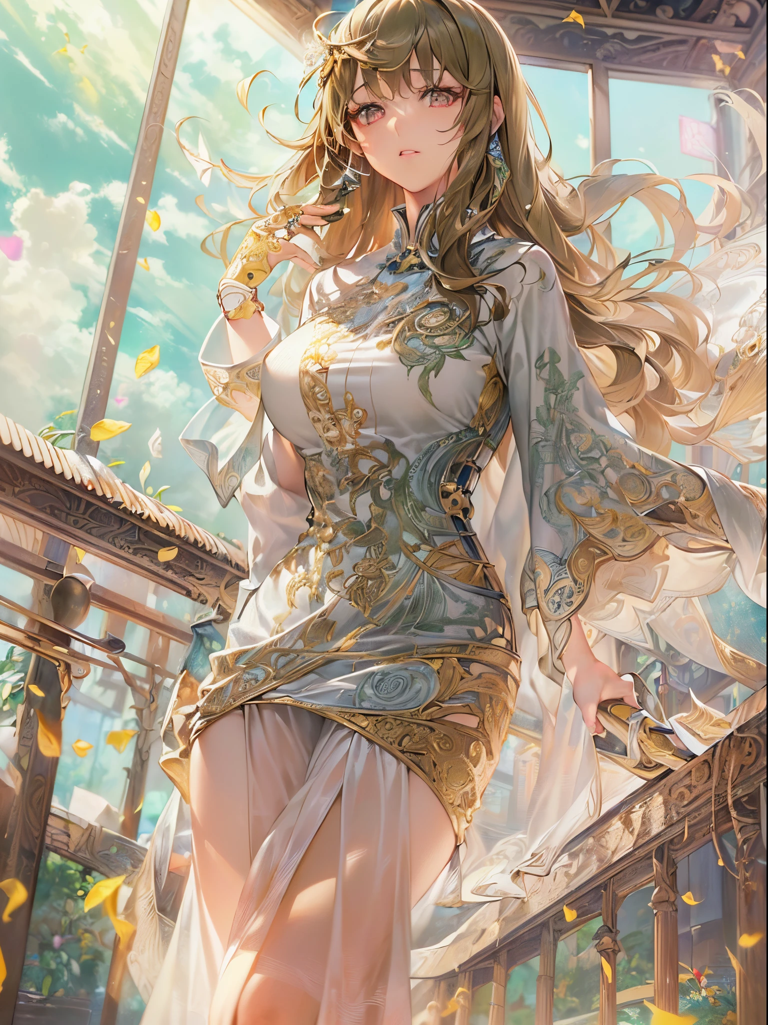 ((Finest quality)),(超A high resolution),(ultra-detailliert),(Meticulous portrayal),((Best Anime)),(Finest works of art),(Ultra-Precision Art),(The art of astounding depiction,Overwhelming depiction:1.5),(intricate and detailed art:1.6), (Female Fashion Model:1.6), Warm sunshine:1.6,floating particles of light:1.3, breezing:1.5,