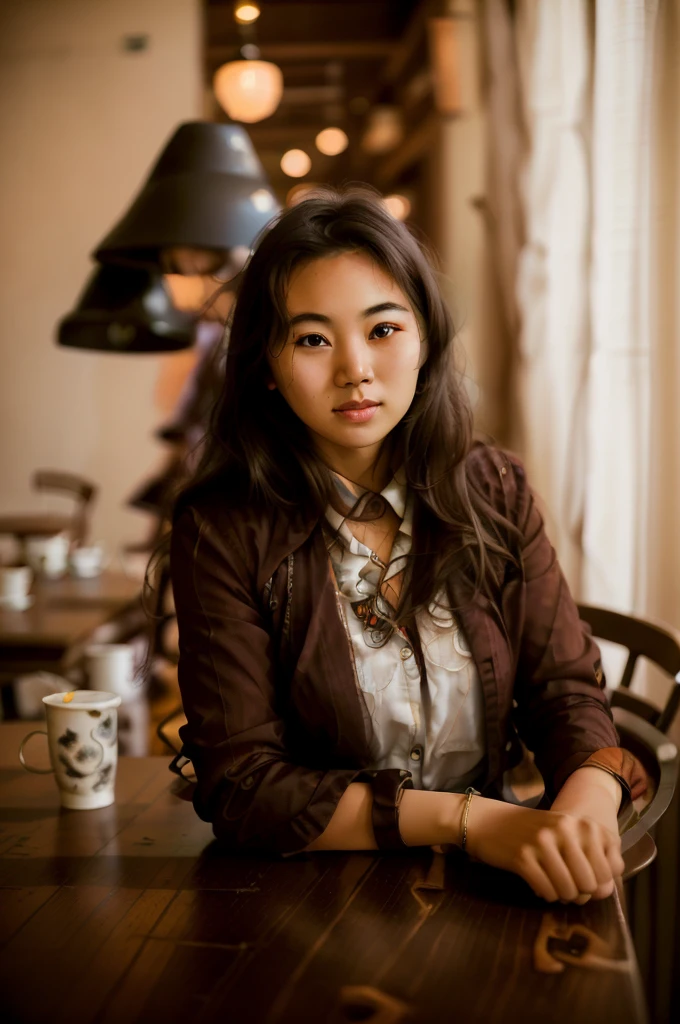 arafed woman sitting at a table in a restaurant with a cup of coffee, 50mm portrait, a young asian woman, 60mm portrait, 7 0 mm portrait, 50 mm lens photo portrait, young asian woman, portrait soft low light, beautiful young asian woman, mid shot portrait, dslr 5 0 mm portrait photo, portrait of a japanese teen