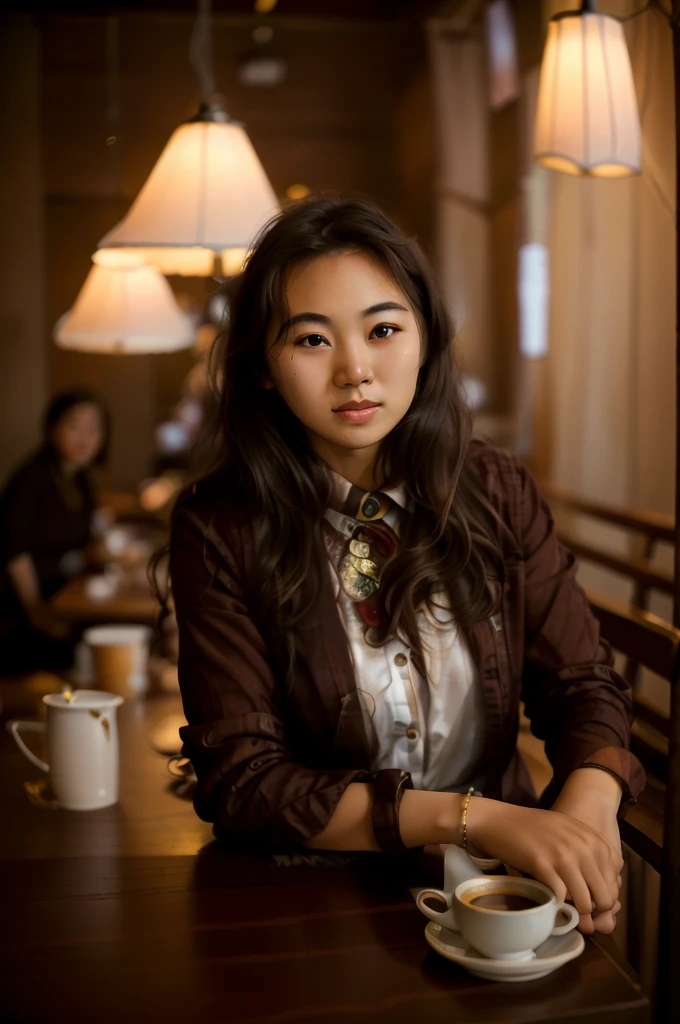 arafed woman sitting at a table in a restaurant with a cup of coffee, 50mm portrait, a young asian woman, 60mm portrait, 7 0 mm portrait, 50 mm lens photo portrait, young asian woman, portrait soft low light, beautiful young asian woman, mid shot portrait, dslr 5 0 mm portrait photo, portrait of a japanese