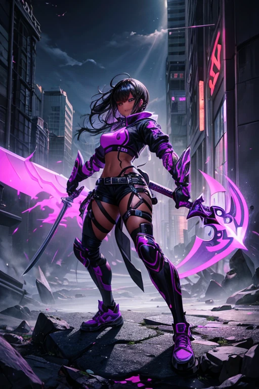 ((best quality)), ((masterpiece)), (detailed), perfect face, detailed, full body, pose, purple, neon, hack, slash, weapon, axe, sword, streetwear, techwear, dark skinned