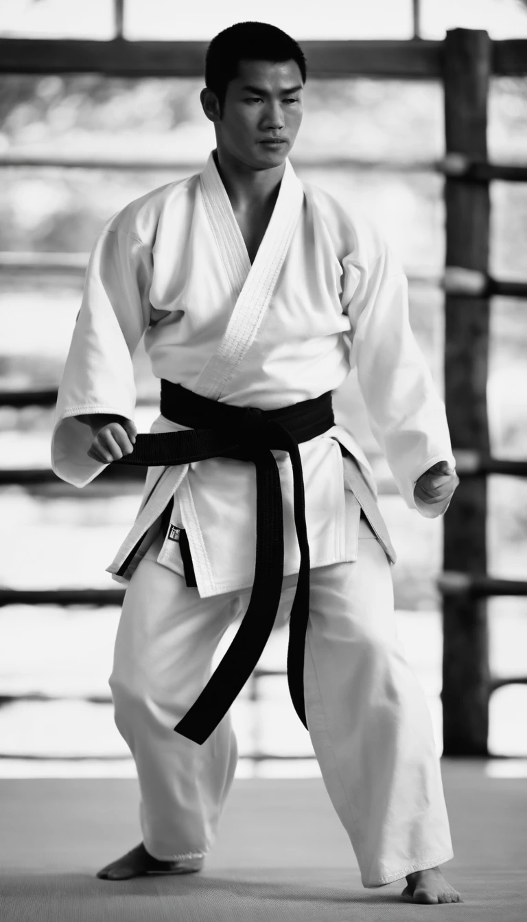 karateka,detailed movements,athlete,fluid and powerful body,wearing traditional karate uniform,black belt,deep focus,mastering martial arts,Japan,Kyokushin karate,precise kicks and strikes,sweat dripping,strength and discipline,defender of peace and justice,sharp reflexes,controlled breathing,dojo training,mental and physical balance,harmony between mind and body,striving for perfection,strategic combat,dynamic fighting techniques,strong stances,rippling muscles,energetic punches and kicks,focused gaze,resolute expression,zen-like concentration,breaking wooden boards with force,vigorous training sessions,rigorous discipline,competitive tournaments,black and white color scheme,mastering the way of karate,karate as a way of life,intense physical exertion,bursts of energy,mindful meditation,spiritual journey,fierce determination,unwavering spirit,battle-tested karateka,bamboo forests,crushing opponents with precision,leading by example,unbreakable spirit,flawless execution of techniques,embodying the essence of karate.