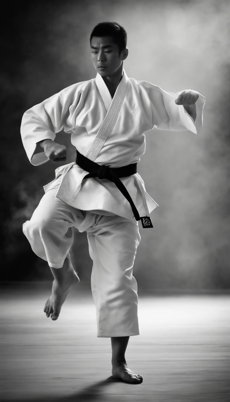 karateka,detailed movements,athlete,fluid and powerful body,wearing traditional karate uniform,black belt,deep focus,mastering martial arts,Japan,Kyokushin karate,precise kicks and strikes,sweat dripping,strength and discipline,defender of peace and justice,sharp reflexes,controlled breathing,dojo training,mental and physical balance,harmony between mind and body,striving for perfection,strategic combat,dynamic fighting techniques,strong stances,rippling muscles,energetic punches and kicks,focused gaze,resolute expression,zen-like concentration,breaking wooden boards with force,vigorous training sessions,rigorous discipline,competitive tournaments,black and white color scheme,mastering the way of karate,karate as a way of life,intense physical exertion,bursts of energy,mindful meditation,spiritual journey,fierce determination,unwavering spirit,battle-tested karateka,bamboo forests,crushing opponents with precision,leading by example,unbreakable spirit,flawless execution of techniques,embodying the essence of karate.