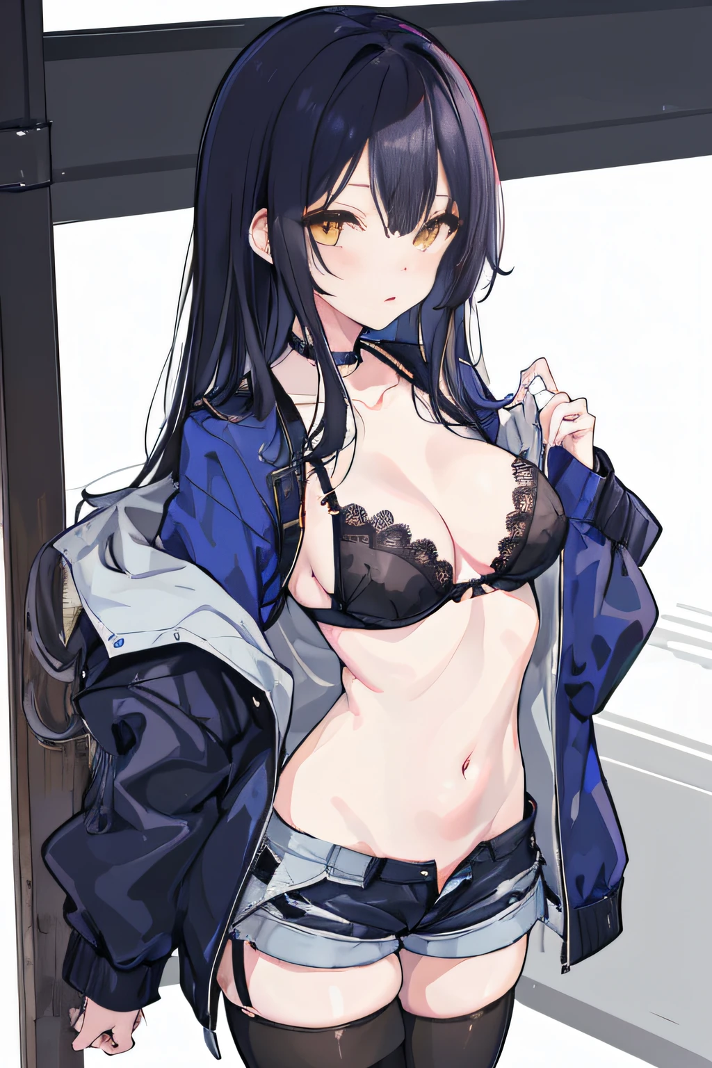 女の子1人、Black bra、Black panties、bura、breastsout、Head-out-of-frame、Blue jacket、Ren Hao、lace-trim、long、mideum breasts、Mole on the chest、a navel、Open your clothes、Shorts、Shorts、pantyhose、police officers、Police Uniform、shortsleeves、独奏、undergarment _youtuber、Yellow eyes、