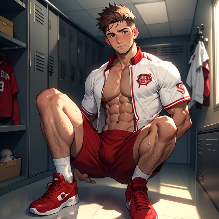 (masterpiece, best quality ), 1man, muscular, short hair, brown eyes, intricate, (locker room) , full body, white baseball uniform, open red jacket, vivid colors,(depth of field:1.2),(abs),blush, looking at viewer, on floor, spread legs, visible chest and abs, sweat drops on body