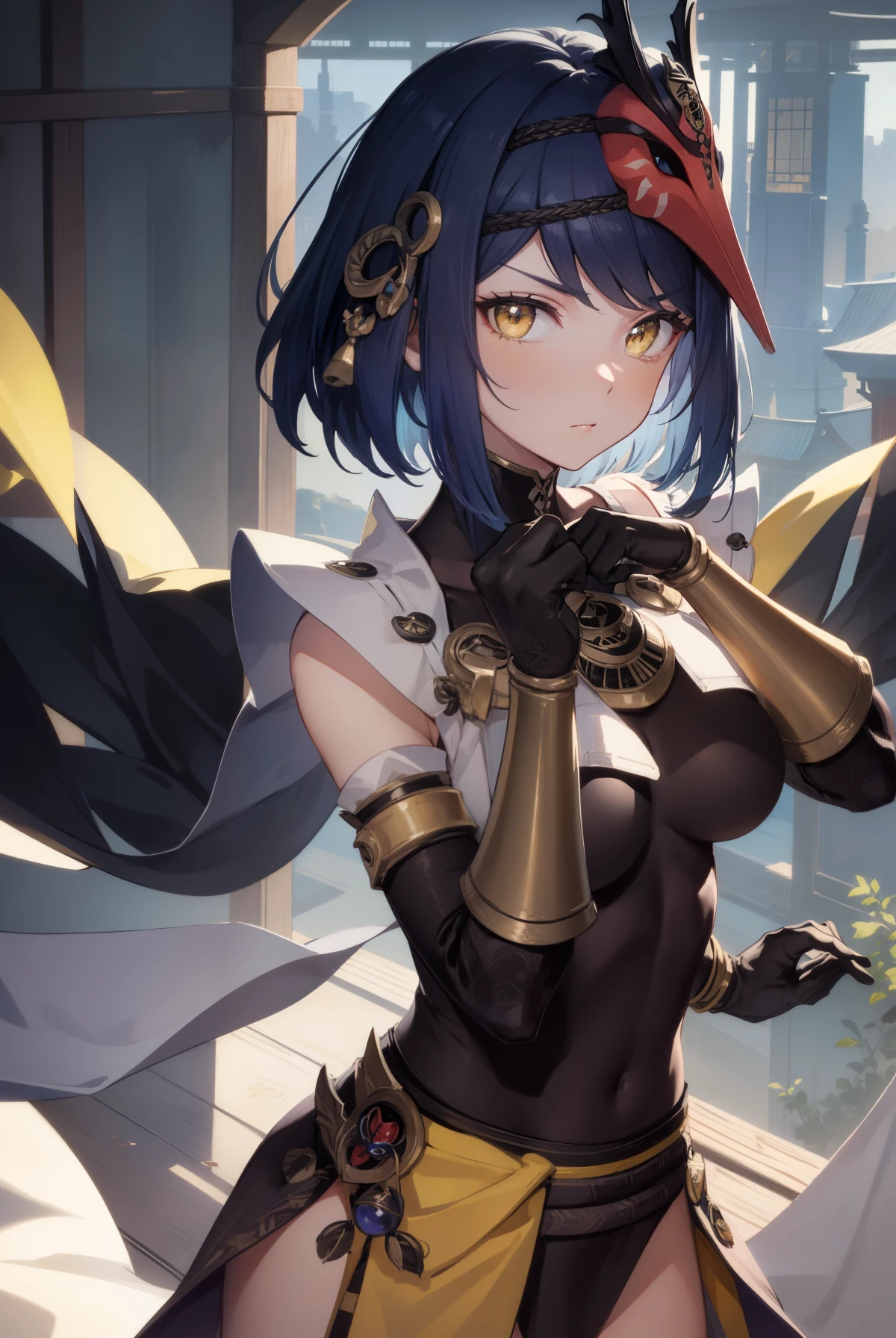 sarakujou, sara kujou, blue hair, short hair, swept bangs, (yellow eyes:1.5),
BREAK bird mask, gloves, leotard, bracer, detached sleeves, elbow gloves, gloves, japanese clothes, jewelry, leotard, mask, mask on head, obi, pelvic curtain, pendant, sash, sleeveless, vision (genshin impact), wide sleeves,
BREAK looking at viewer,
BREAK outdoors,
BREAK (masterpiece:1.2), best quality, high resolution, unity 8k wallpaper, (illustration:0.8), (beautiful detailed eyes:1.6), extremely detailed face, perfect lighting, extremely detailed CG, (perfect hands, perfect anatomy),