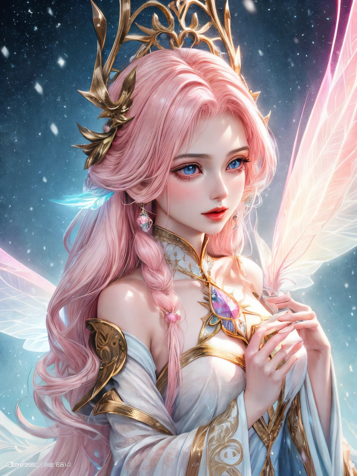 Generate a pretty and realistic fantasy artwork with bold jewel-toned ((((pink)))) hues, pretty glitter and shimmer, and lots of snowflakes. Generate a luminous and petite woman with curly hair, metallic hair, and realistically textured hair. Her skin is pure white and seems to glow in the light. The woman's face is important: include ((soft, puffy, big lips, elegant features, and the most beautiful detailed macro eyes)) in the world. The woman is in a winter landscape with soft falling snow and snowflakes, soft white fur, subtle iridescent details, subtle phantasmal iridescent details, and intricate and delicate jewelry that glimmers in the light. Include many small fantasy details like gossamer silk, feathers, delicate and stunning embroidery, and luminous lighting that glimmers. The woman's face is unobscured by details and her eyes are sharp and in high resolution. Incorporate dreamy colors, dynamic lighting, and detailed background elements to create a sense of awe and immersion. Include colorful flying magical birds and jewel-toned butterflies radiating a magical aura. Consider the latest trends in fantasy art, such as incorporating unique lighting effects, exploring dynamic and compelling composition techniques, and experimenting with unique color palettes. Take inspiration from the top artists on ArtStation and Midjourney. Camera: Choose an angle that highlights the character's beauty and enhances the magical majesty of the artwork. Lighting: Utilize atmospheric lighting techniques to create depth and mood. Resolution: Aim for a high-resolution artwork to showcase intricate details and clarity. Art Inspirations: Seek inspiration from the trending artists on ArtStation, exploring different styles, genres, and themes. white skin, pale skin, really pale skin, really white skin, beautiful eyes, fantasy details, shimmer, glimmer, magical birds, magical butterflies, ornate, (((masterpiece))), add_detail:1, earth \(planet\),