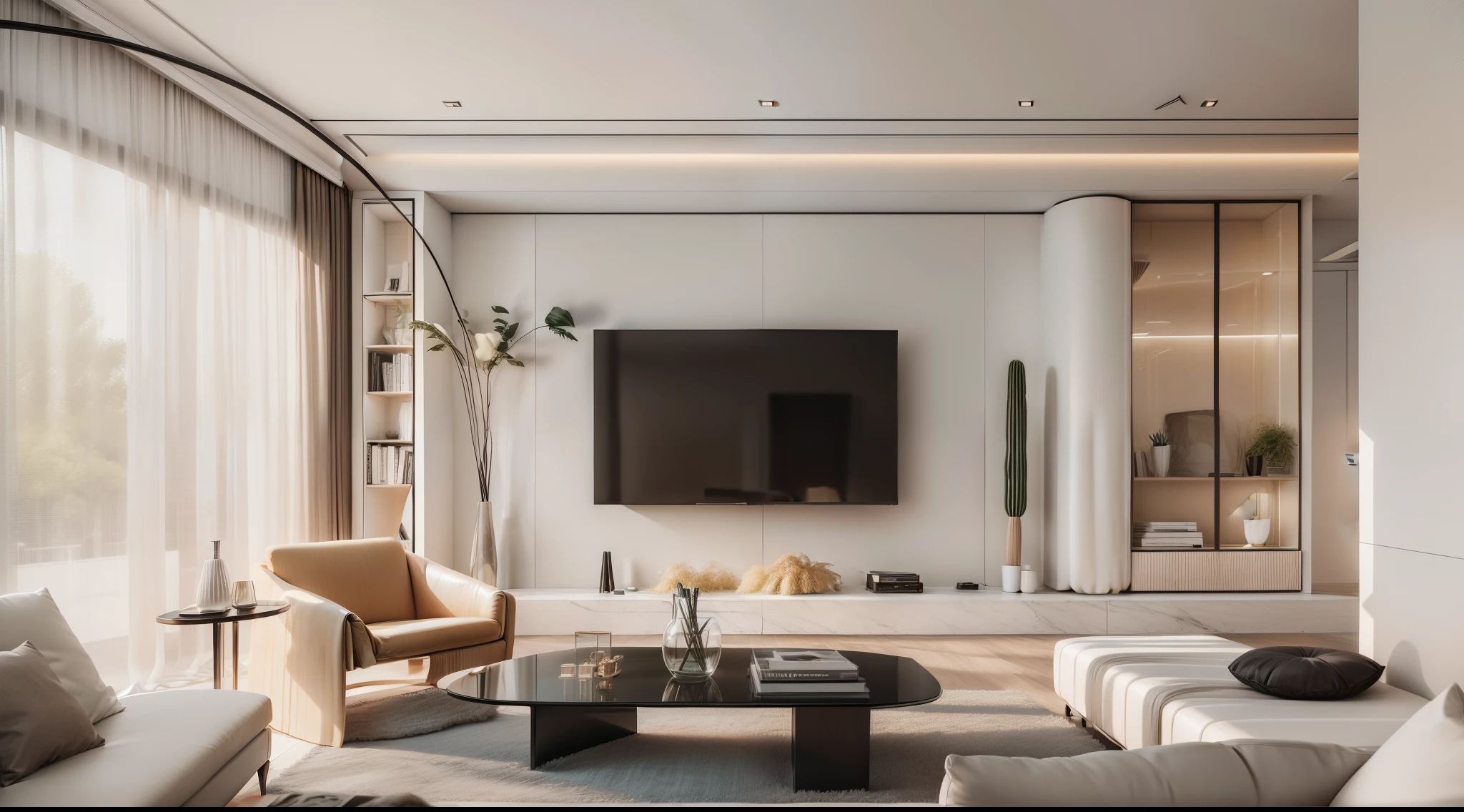 You are a renowned interior designer and have been commissioned to create a 3D image of a modern large room. Create a harmonious environment with modern and minimalist furniture. inclua algumas plantas interiores para dar um ar mais fresco.