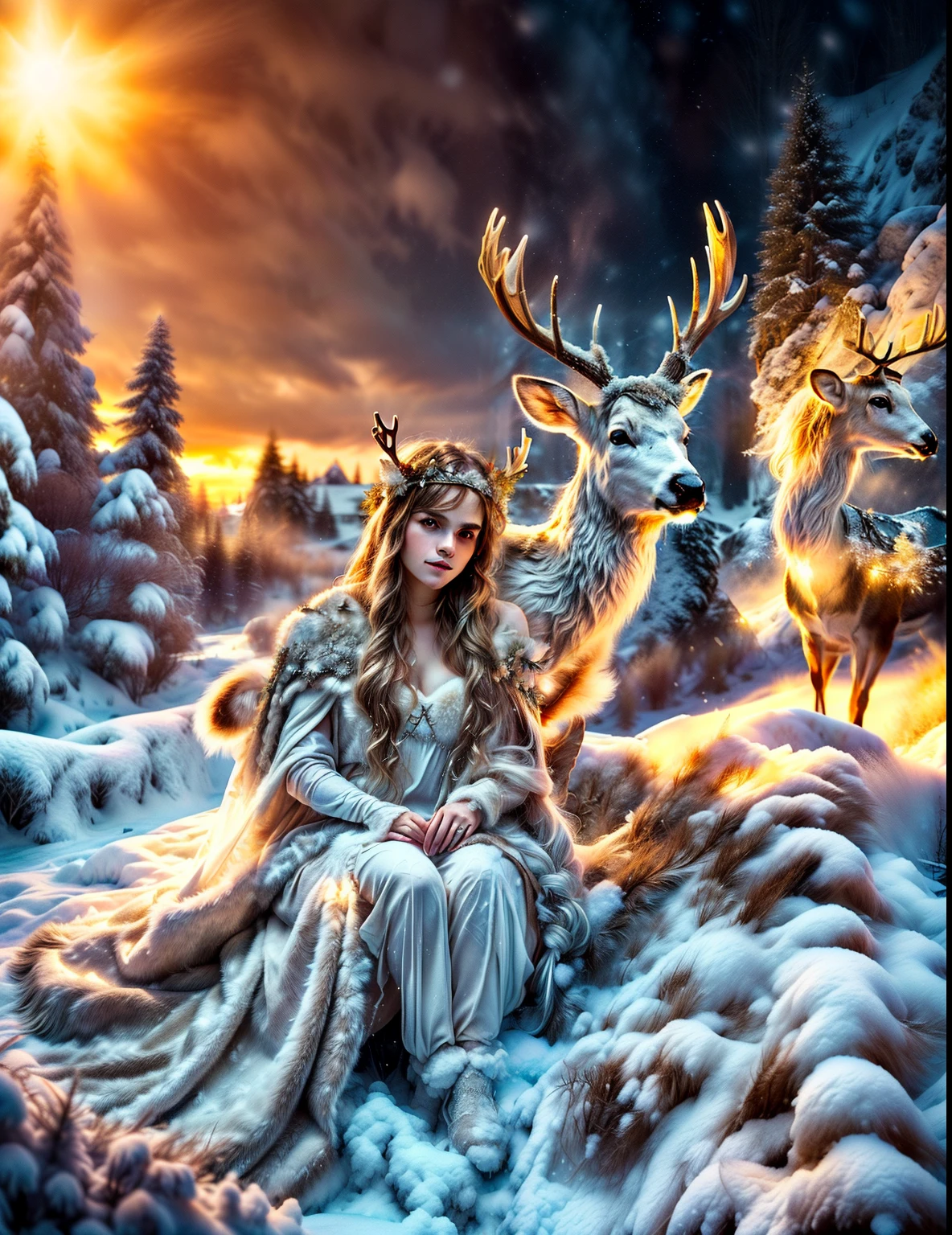 (Girl sitting with reindeer in the snow), (((((a cape made of deer skin falls from the shoulder into the foreground+++++))))), ((((turns smoothly into a snowdrift )))))), (put the deer&#39;s head on its side+++), (((graceful horns on the head))), Fantasy photography, fantasy matte painting, ((((Volume++)))), lost in a dreamy fairy landscape, The White Witch, Young woman with horns, beautiful nordic woman, with white deer, Realistic fantasy, photograph of pale ivory skin, Monia Merlo Placeholder Image, emma watson as the queen of ice