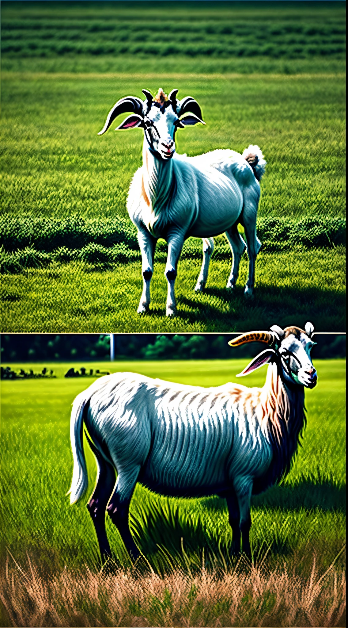There is a goat standing on the grass eating something,
