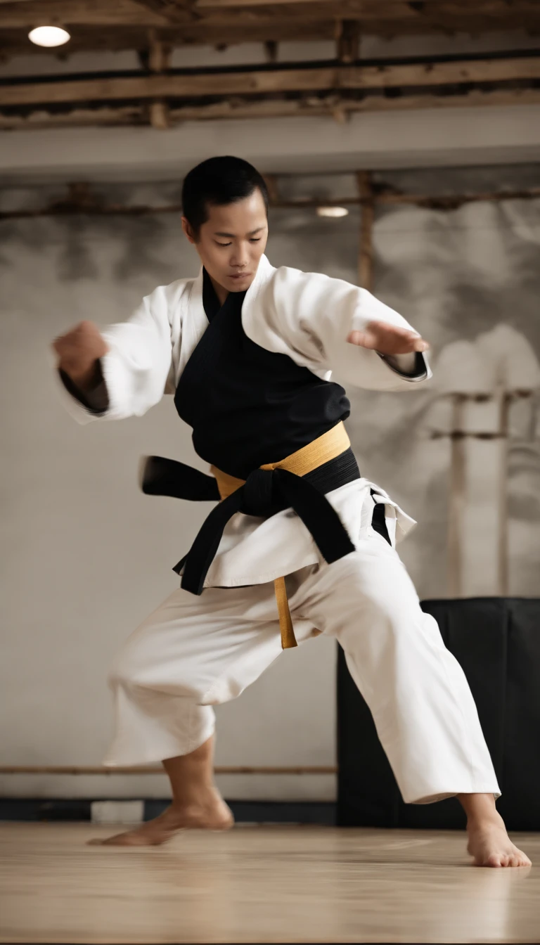 Empty-handed home,Detailed movements,athlete,fluid and powerful body,Wearing traditional karate gi,Black belt,Deep Focus,Master martial arts,Japan,goju,accurate kicks and blows,Sweat dripping,strength and discipline,defender of peace and justice,sharp reflexes,controlled breathing,Dojo training,mental and physical balance,harmony of mind and body,Aiming for perfection,strategic combat,dynamic fighting techniques,Strong stance,rippling muscles,energetic punches and kicks,Focused gaze,Resolute expression,zen-like concentration,break a wooden board with force,active training session,Strict discipline,competitive tournament,black and white color scheme,Master karate,Karate as a way of life,Vigorous exercise,burst of energy,mindful meditation,Spiritual Journey,Fierce determination,Unshakable spirit,Battle-hardened karate artist,bamboo forrest,crush your opponent with precision,lead by example,unbreakable spirit,Perfect technique execution,Embodying the essence of karate.
