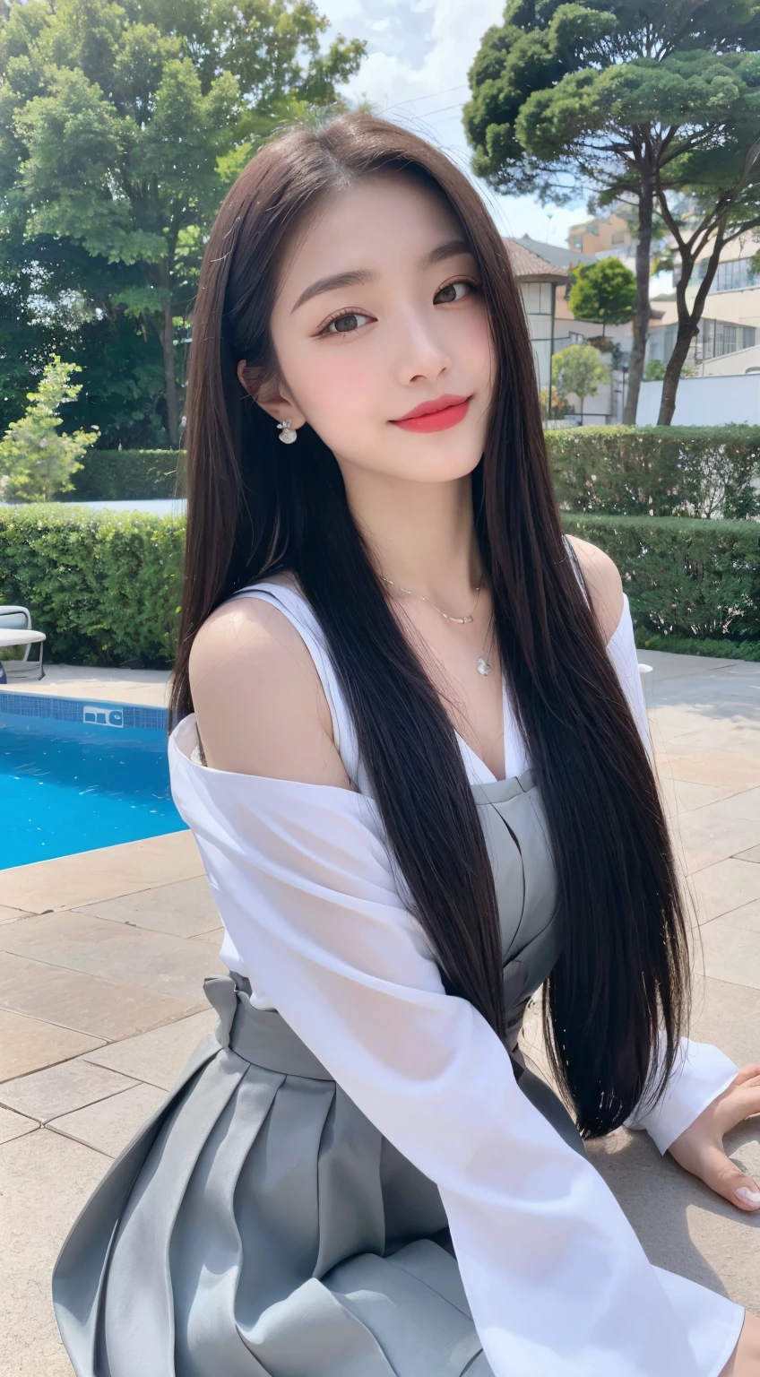 (Best quality at best, 8K, tmasterpiece:1.3)), A pretty maiden,pure,Melon seed face,gentle and cute,A sweet smile,Pure desire,Thin stature,(Street),(tilt your head),staring right into camera,校服, inner strength, formal,Black silky long, hair straight,Long hair spread over shoulders,bigger, Round, 黑The eye,clear big eyes,Hydrated red lips,Sweet,Beautiful necklace,Delicate stud earrings,sitting at the edge of pool,with blue sky and white clouds,blue-sky,