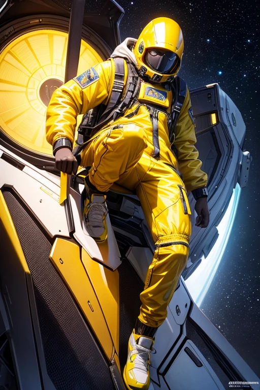 ((best quality)), ((masterpiece)), (detailed), perfect face, detailed, full body, pose, bright yellows, streetwear, techwear, dark skinned, shoot, spaceship, spacesuit, male