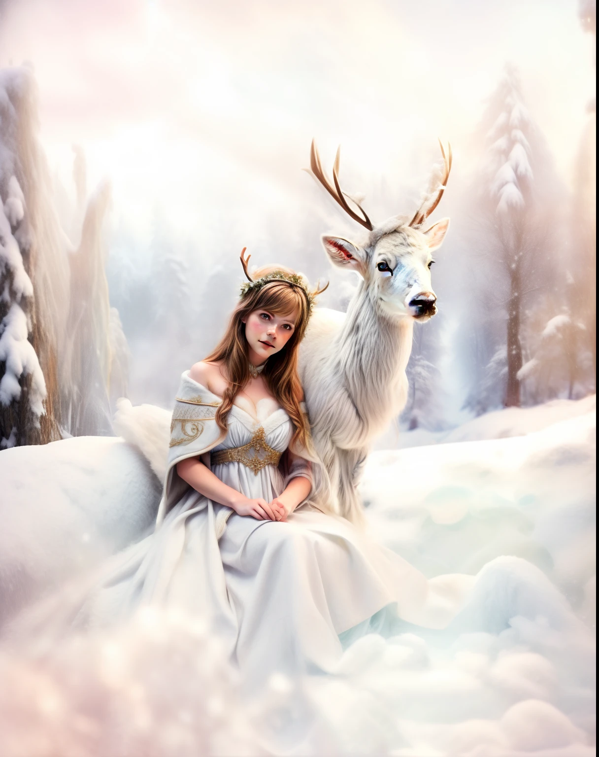 (Girl sitting with reindeer in the snow), (((((a cape made of deer skin falls from the shoulder into the foreground+++++))))), ((((turns smoothly into a snowdrift )))))), (put the deer's head on its side+++), (((graceful horns on the head))), Fantasy photography, fantasy matte painting, ((((Volume++)))), lost in a dreamy fairy landscape, The White Witch, Young woman with horns, beautiful nordic woman, with white deer, Realistic fantasy, photograph of pale ivory skin, Monia Merlo Placeholder Image, emma watson as the queen of ice