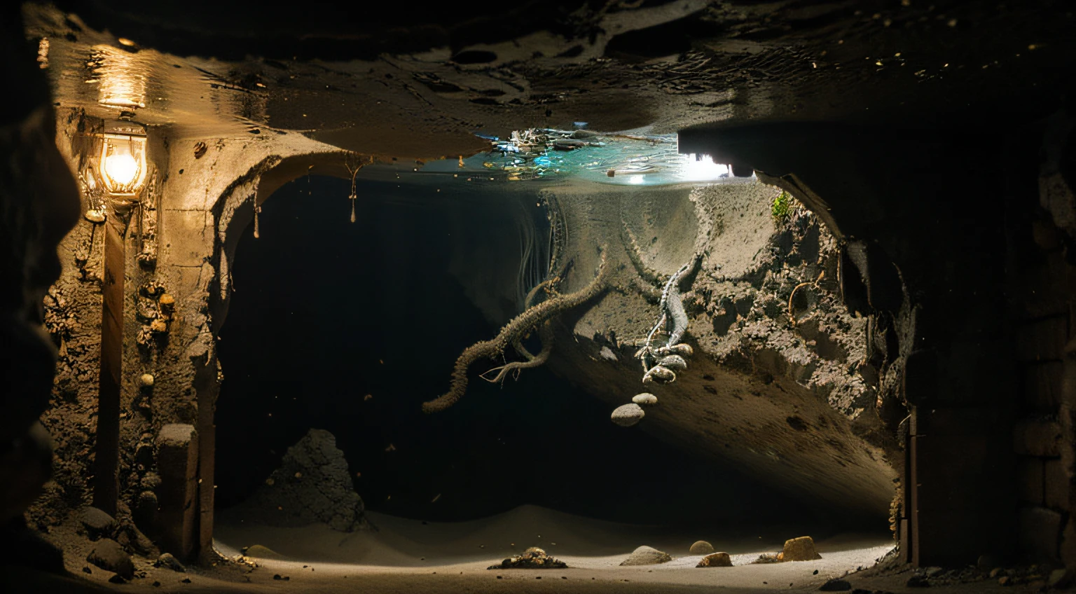 El interior de una cueva submarina con vigas de barcos hundidos.. Monedas de oro y plata, Encrusted jewels and other treasures lay among the remains of rotting wood., medio enterrado en la arena. Un pulpo curioso examina las joyas relucientes..