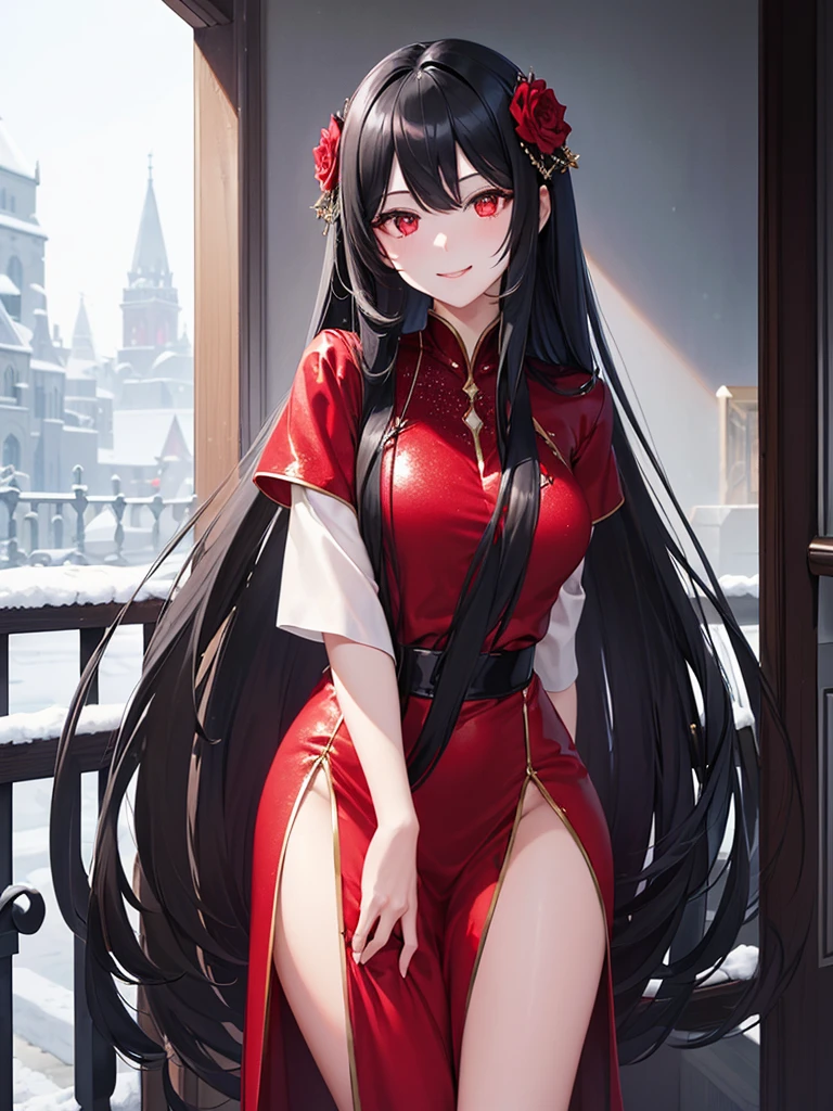 it's snowing, (1 black long hair girl, detailed red eyes:1.3, glossy:1.1 mouth, in a red formal Sequined clothing, ennui smile, standing), in the balcony.masterpiece, beautiful detailed grow.
