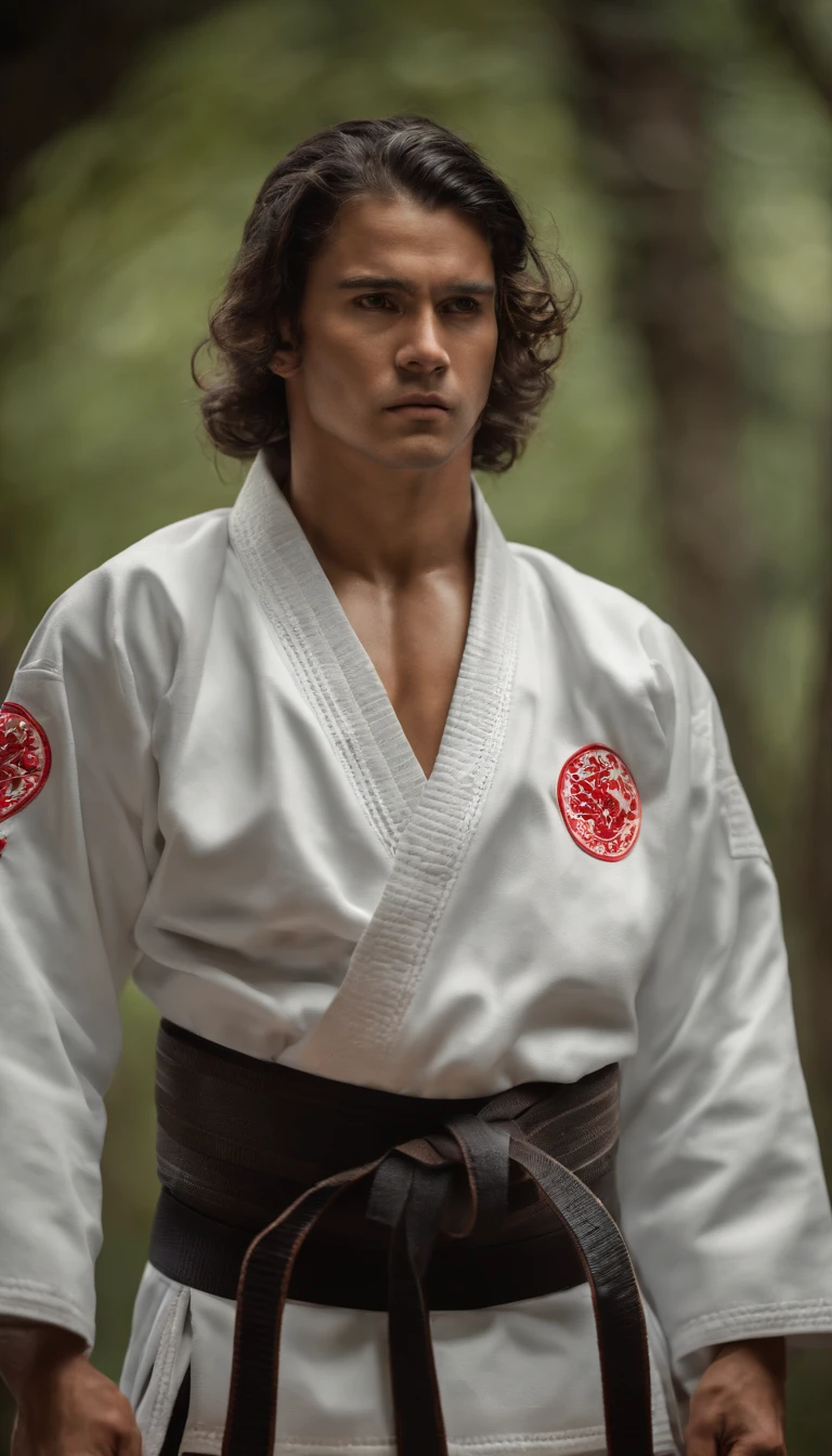 Empty-handed home,Detailed movements,athlete,fluid and powerful body,Wearing traditional karate uniform,Black belt,Deep Focus,Master of martial arts