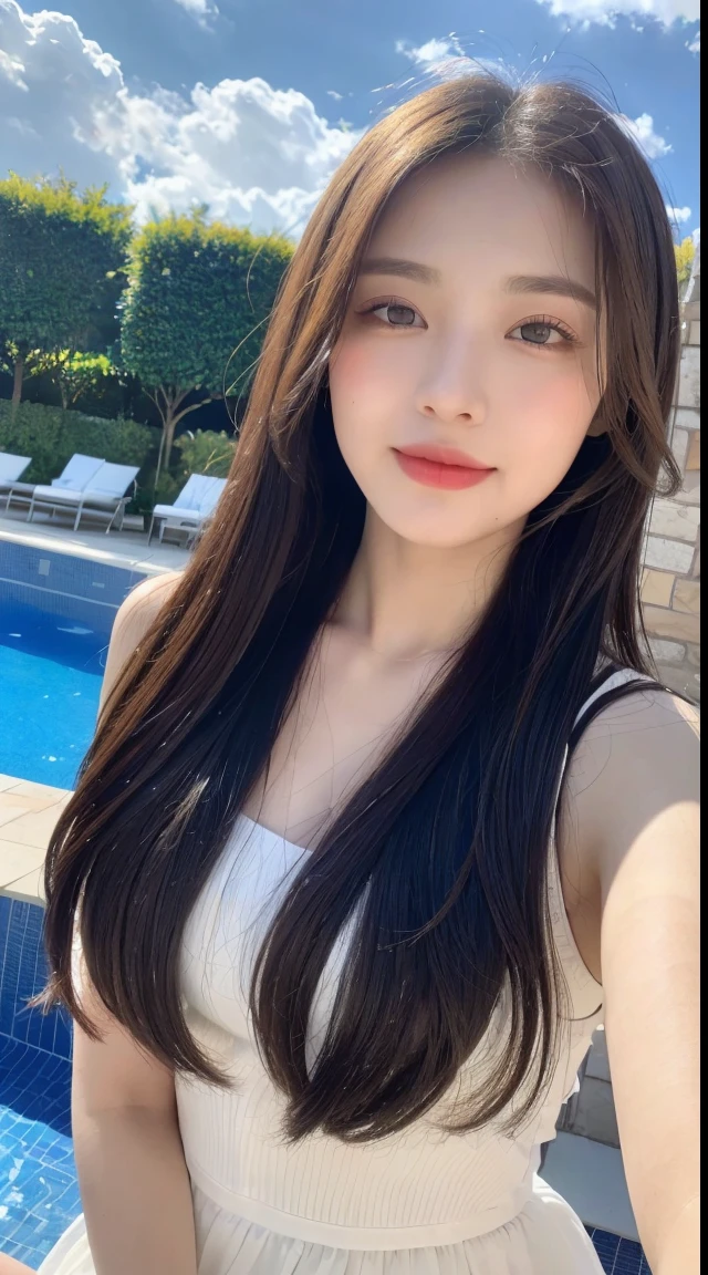 (top-quality, 8K, tmasterpiece:1.3)), A pretty maiden,pure,Melon seed face,gentle and cute,A sweet smile,Pure desire,Thin stature,(street frontage),staring right into camera,校服, inner strength, formal,Black silky long, layered long hair,Long hair flowing past shoulders,Big, round, black eyes,clear big eyes,Hydrated red lips,Sweet,Sitting next to the pool,with blue sky and white clouds,blue-sky,