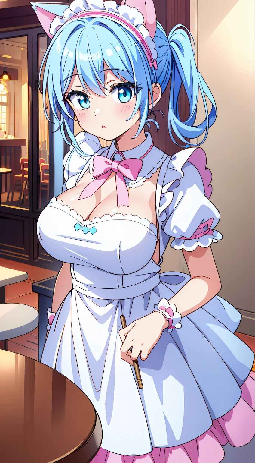 (Cute illustration:1,2),(Absurd realistic structure details),(High resolution complex and detailed text quality),(High-resolution microstructure、High poly 3 boobs D rendering correction),Methods of geometry,Careful explanatory anatomy, 

BREAK,



1 person,Solo,(Cute:1.5),(Chibi:0.6),(kawaii:1.5),(Lori:0.5),( girl),Very detailed,colourfull,highest details,Clear skin,Beautiful skin,Shy,Very detailed,colourfull,highest details,Clear skin,Beautiful skin,Shy skin,1 beautiful girl,{Heterochromia,pale blue eyes,pale green eyes:1.9},star eye silhouette, BREAK,(pale blue hair, Medium length:1.4),(Side Ponytail,A little curly hair,Single-sided twisted blade,Princess Cut:1.3),(cleavage of the breast,Large breasts,Beautiful , gleaming skin,Clear skin, Beautiful skin,(best quality face),(Top quality glowing eyes), BREAK (Pink Theme:1.4), (Vivid colors:1.3), A cafe with girls wearing maid outfits and cat ear headbands.,

BREAK,(early evening),is standing,a closed mouth,(architecture, cafes,Cat Maid,The table,shop front,working cat ear maid,Menu table above table:1.55), Waterfall,depth of fields,

 BREAK,wakame,wakame,wakame,(Dynamic Angle:1.4), 

BREAK,(Blurry background:1.3),(absurderes, hight resolution, Super Detail Art),cel shading,Clear Color, Lonely optical effect, Beautiful pictures, Bright glow, mystic atmosphere,(Close-up of girl:1.1), Mystical light particle effect,manga influence, clean line drawings,