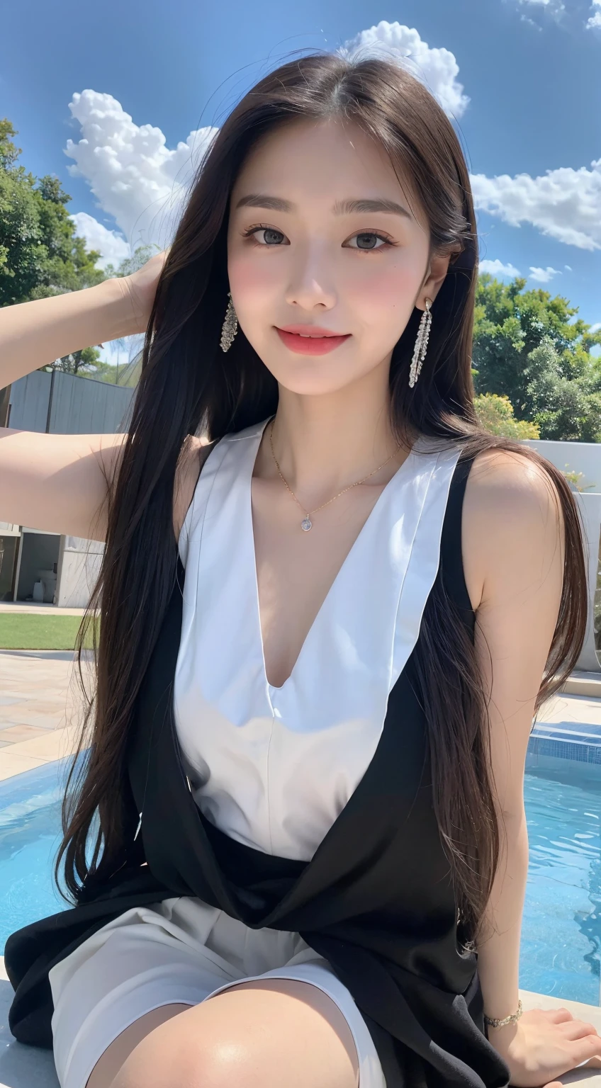 （Best quality, 8K, tmasterpiece:1.3)), A pretty maiden，pure，Melon seed face，gentle and cute，A sweet smile，Pure desire，Thin stature，(the street)，(tilt your head)，staring right into camera，校服, inner strength, formal，Black silky long, hair straight，Long hair draped over the shoulders，The large, Round, 黑The eye，clear big eyes，Hydrated red lips，Sweet，Beautiful necklace，Delicate stud earrings，sitting at the edge of pool，with blue sky and white clouds，blue-sky，