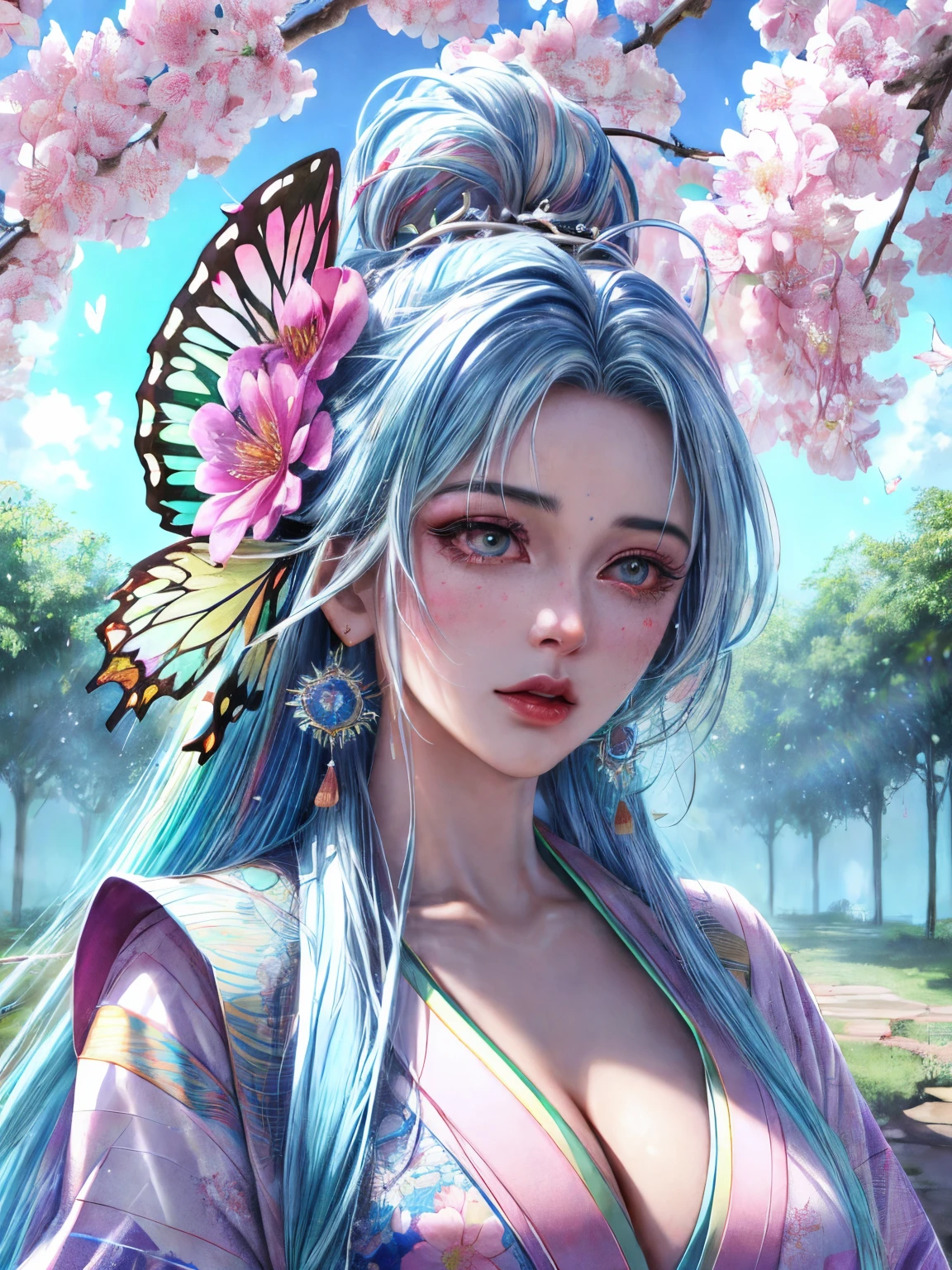 shukezouma, octane render, hdr, (hyperdetailed:1.15), (soft light, sharp:1.2), 1girl, beautiful girl, ultra detailed eyes, mature, plump, thick, rainbow painting drops,splat, splash, long colored hair, ultra detailed texture kimono, (hair ornaments, earrings, flowers hair ornaments, butterflies hair ornaments), outdoors, sakura trees