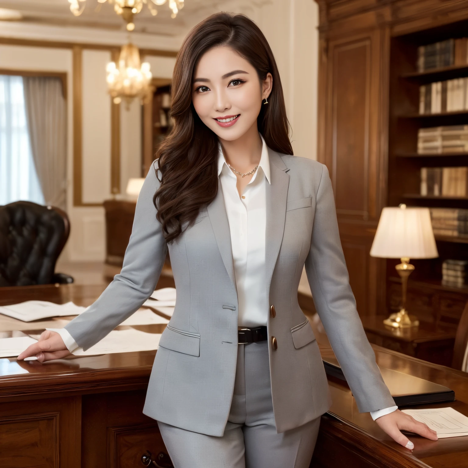 ((top-quality、masutepiece、8K、Top image quality))、((1 mature woman、She holds the most luxurious CEO position&#39;s Office、standing elegantly、Secretary with elegant posture))、(1 photo:1.5)、(Female upper body photo:1.5)、(Female cowboy shot:1.5)、(Chignon、Gray suit、White Formal Blouse)、(The most luxurious and luxurious royal VIP room、bright lighting of chandelier、The most luxurious and luxurious desk、The most luxurious and luxurious glass showcase、the most luxurious and luxurious chair、the most luxurious and luxurious carpet、The most luxurious and luxurious bookshelf、the most luxurious and luxurious curtains)、perfect anatomia、Beautiful teeth、mournful smile、A detailed face、[[large full breasts]]、exact suit、precision blouse、A slender