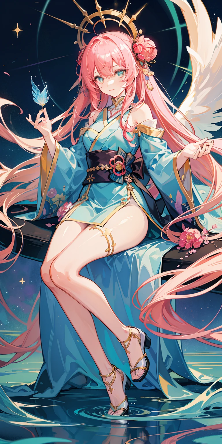 tmasterpiece, Best quality at best, Focus sharp, 8K, Intricately detailed environments, Japanese cartoon, Watercolor illustration, Colorful, vivd colour, Whimsical, glowing lamps, The liquid is otherworldly, fairy lights, Beautiful girl wearing flowing liquid glowing dress, s the perfect face, the golden ratio, eyes with brightness, aquarelle, liquid light, the angel's wings