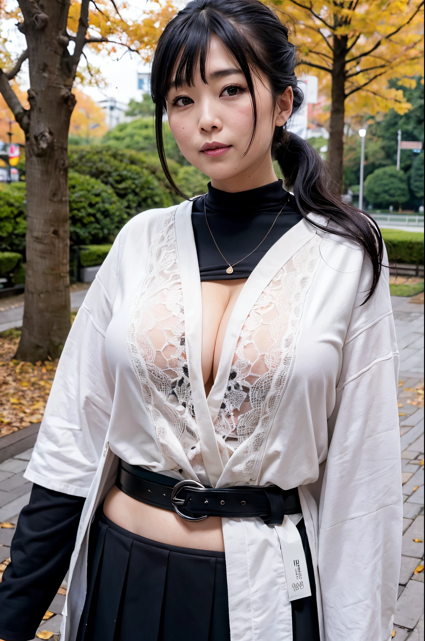 8K,high-level image quality,Beautiful fece,Beautiful young Japan woman,1 persons,Whip whip,Curvaceous,bbw,ultra-quality,Carnal body,cleavage of the breast,long court,Walking in the park in winter,Black hair ponytail,a miniskirt,Oiled skin,Looking at the camera