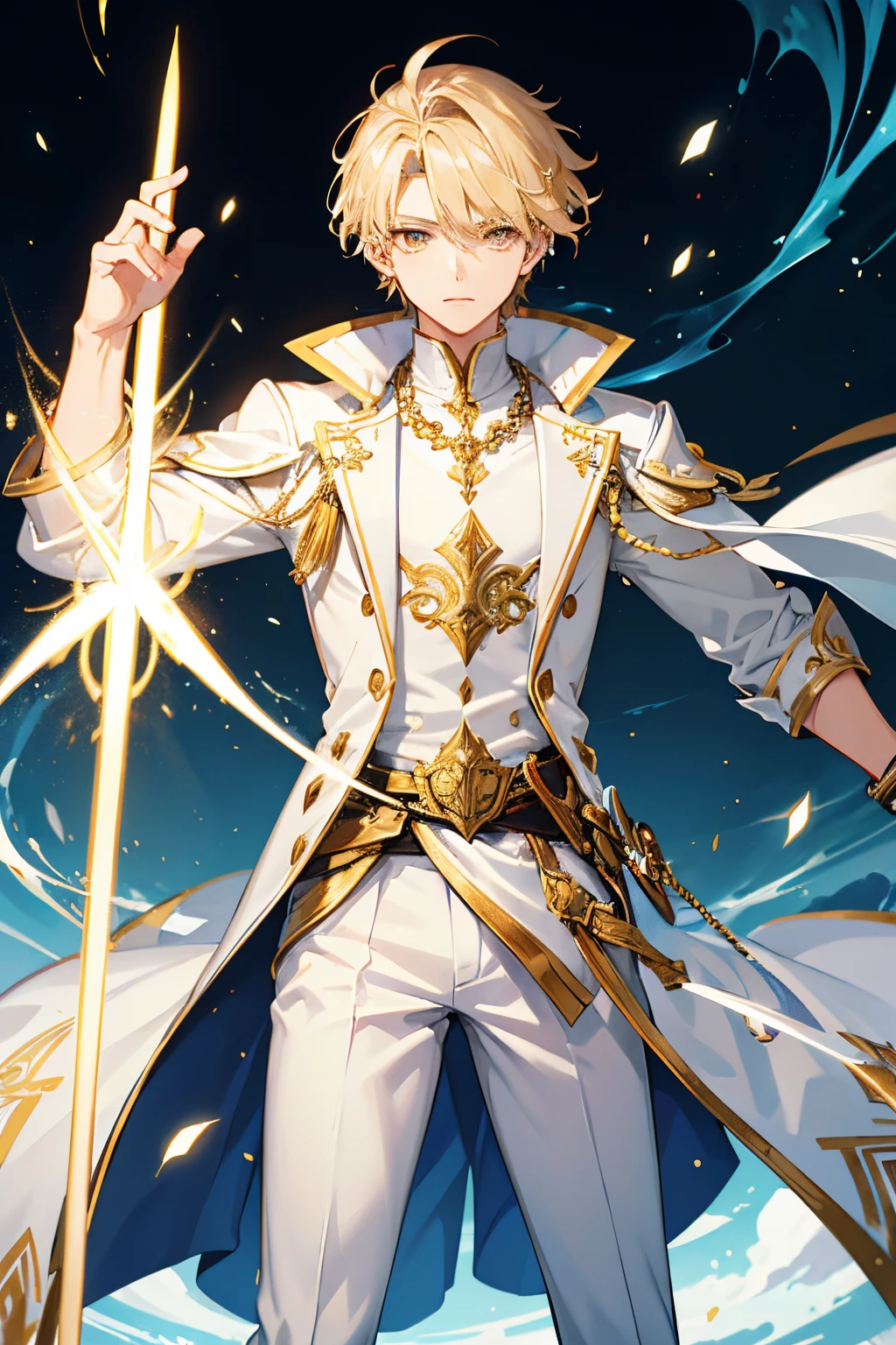 I want to generate a picture of an anime god of light. Lean more on the simplicity side. The clothes include white trousers, white shirt, and an overcoat, the overcoat should be the most noticeable piece of clothing, white decorated with gold forming complicated patterns. The face is young, around 16 years old, handsome. The hair is golden-blonde, not too long. Golden eyes. Body type is lean but not muscular. Holding a sword made of light. The pose is standing, showing some sense of powers. Fully clothed. Blonde. Light effect. Masterpiece. Masculine. Short hair.