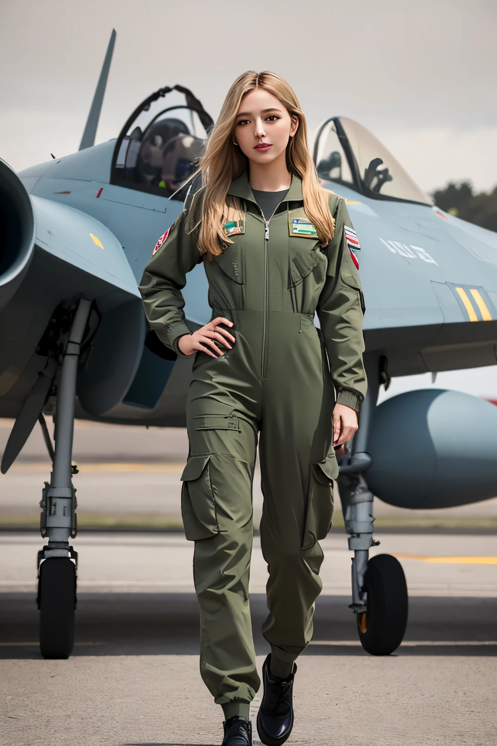 ((best quality)), ((masterpiece)), (detailed), perfect face, Airforce jumpsuit, standing, full body, front view, European, blonde, dark green uniform, fighter plane background