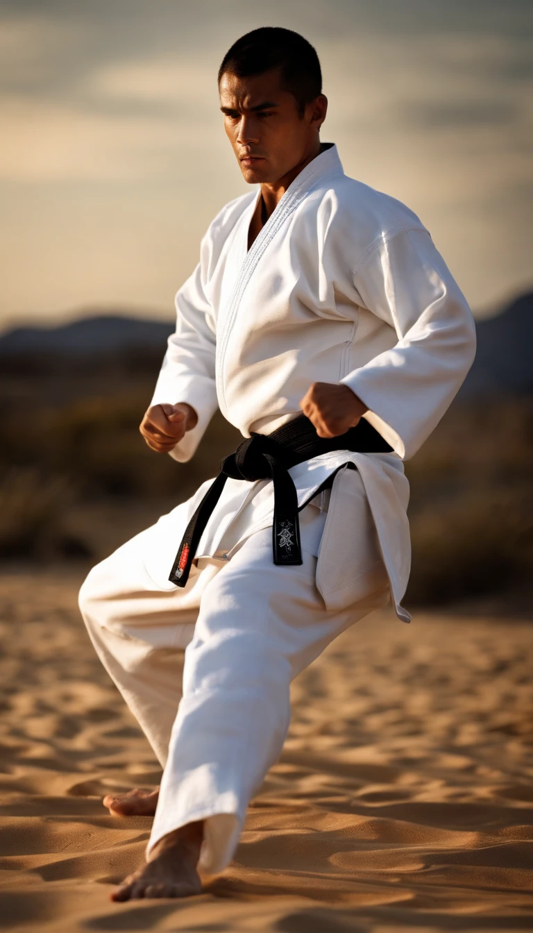 Empty-handed home,Detailed movements,athlete,fluid and powerful body,Wearing traditional karate gi,Black belt,Deep Focus,Master of martial arts