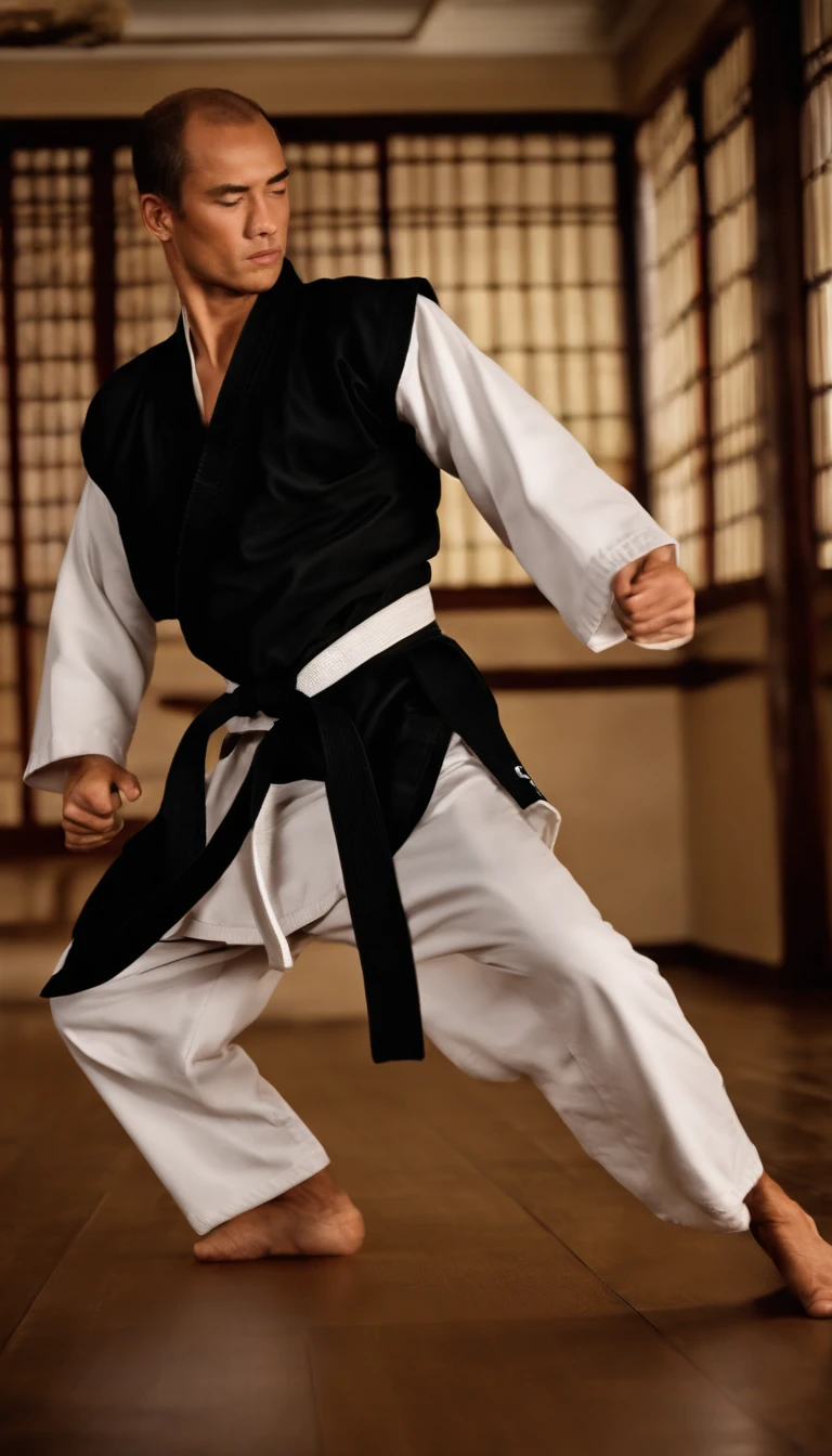Empty-handed home,Detailed movements,athlete,fluid and powerful body,Wearing traditional karate gi,Black belt,Deep Focus,Master of martial arts