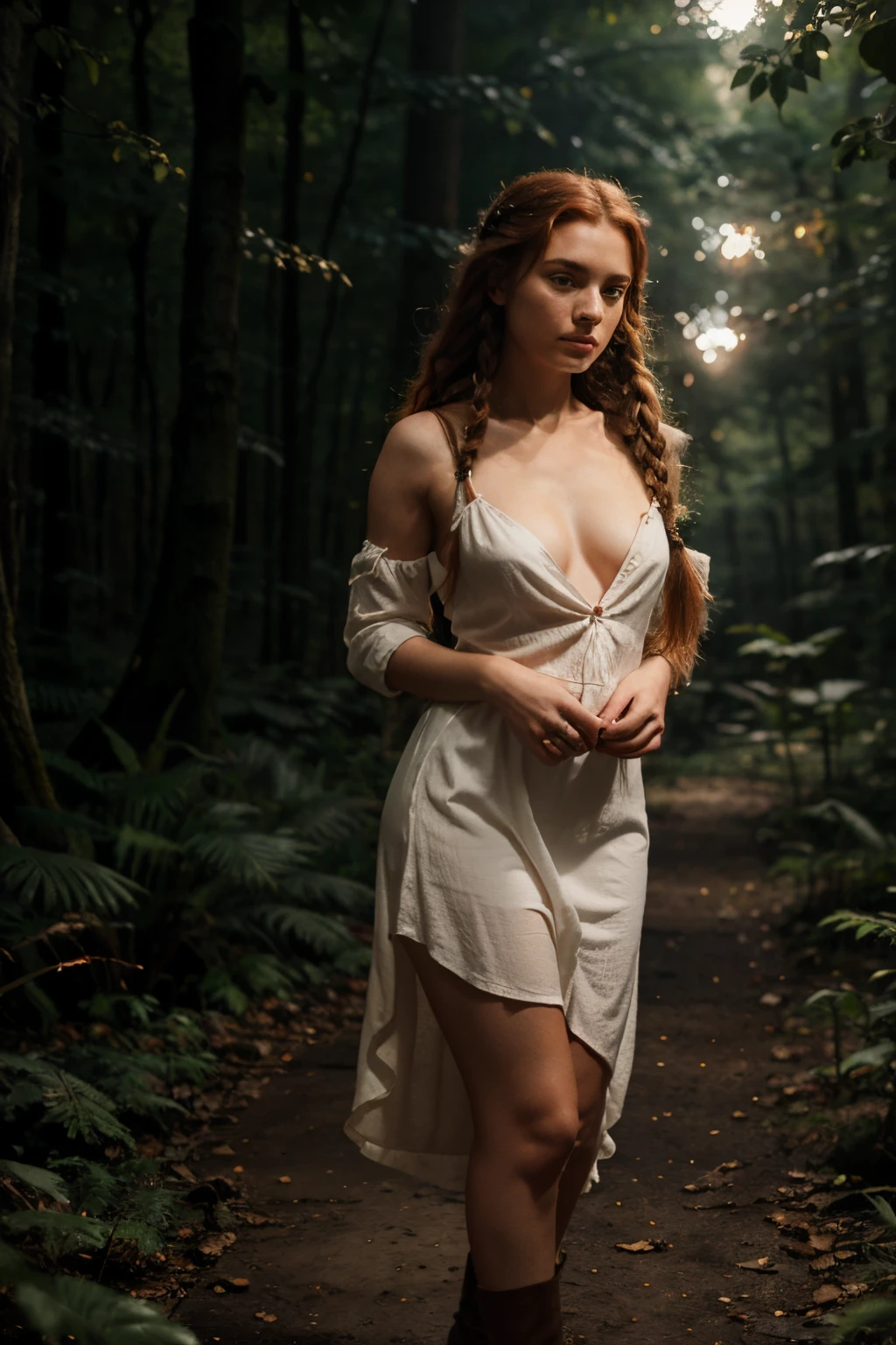 full body portrait, forest, night, fireflies, beautiful girl, redhead, twin braids, real photo of an 18year old girl, curls, freckles, unbuttoned, large neckline, white blouse, torn dress, nip slip, black background, light on face, dream, magical atmosphere, cinematic lighting, embers, fantasy, action pose, mist, CRU photo, 8k uhd, film grain