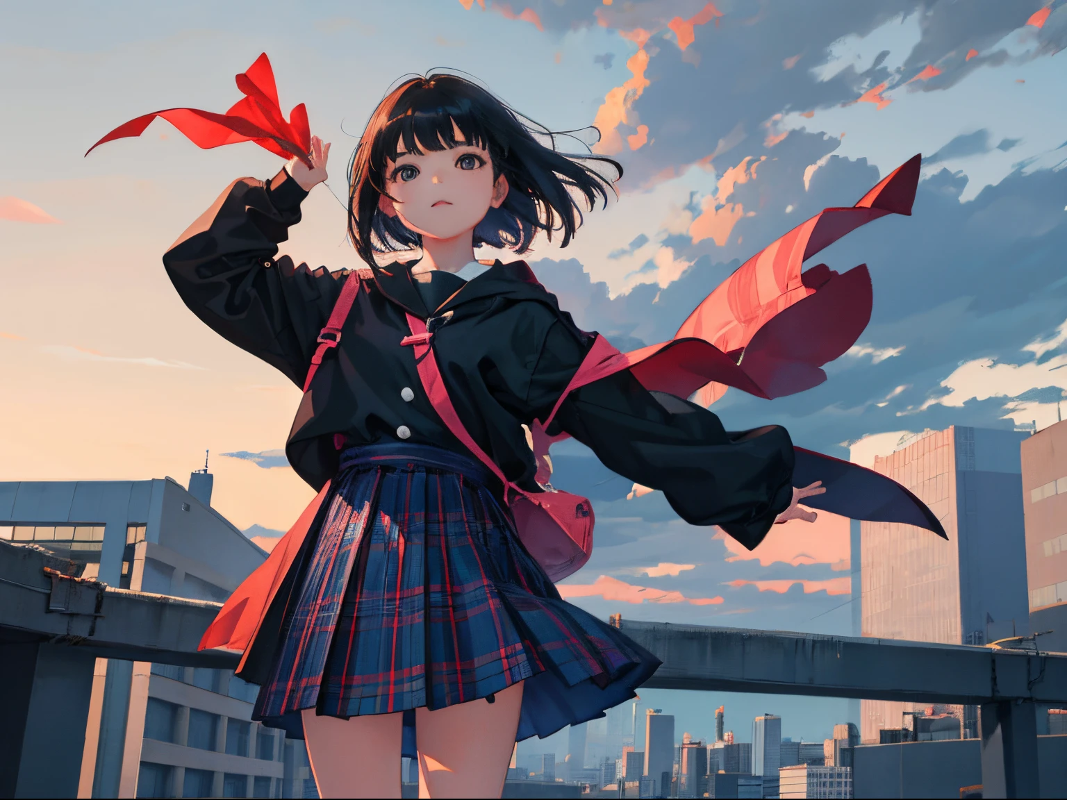 (child:1.2)，（​masterpiece，Highest Quality），plaid skirts，A dark-haired，Medium bob，The wind is blowing，On the rooftop，Rain sky