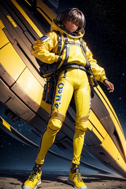 ((best quality)), ((masterpiece)), (detailed), perfect face, detailed, full body, pose, bright yellows, streetwear, techwear, dark skinned, shoot, spaceship, spacesuit, male