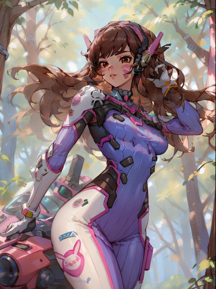 (masterpiece, best quality),  intricate details,
1girl,   1girl, d.va (overwatch), solo, long hair, whisker markings, bodysuit, brown hair, facial mark, gloves, breasts, brown eyes, pilot suit, cowboy shot, headphones, white gloves, medium breasts, swept bangs, skin tight, animal print, bangs, bunny print, ribbed bodysuit, facepaint, pink lips, Forest glade, day