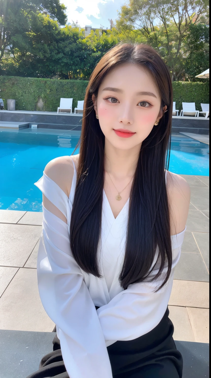 (Best quality, 8K, tmasterpiece:1.3)), A pretty maiden,pure,Melon seed face,gentle and cute,A sweet smile,Pure desire,Thin stature,(the street),(tilt your head),staring right into camera,校服, inner strength, formal,Black silky long, hair straight,Long hair draped over the shoulders,The large, Round, 黑The eye,clear big eyes,Hydrated red lips,Sweet,Beautiful necklace,Delicate stud earrings,sitting at the edge of pool,with blue sky and white clouds,blue-sky,