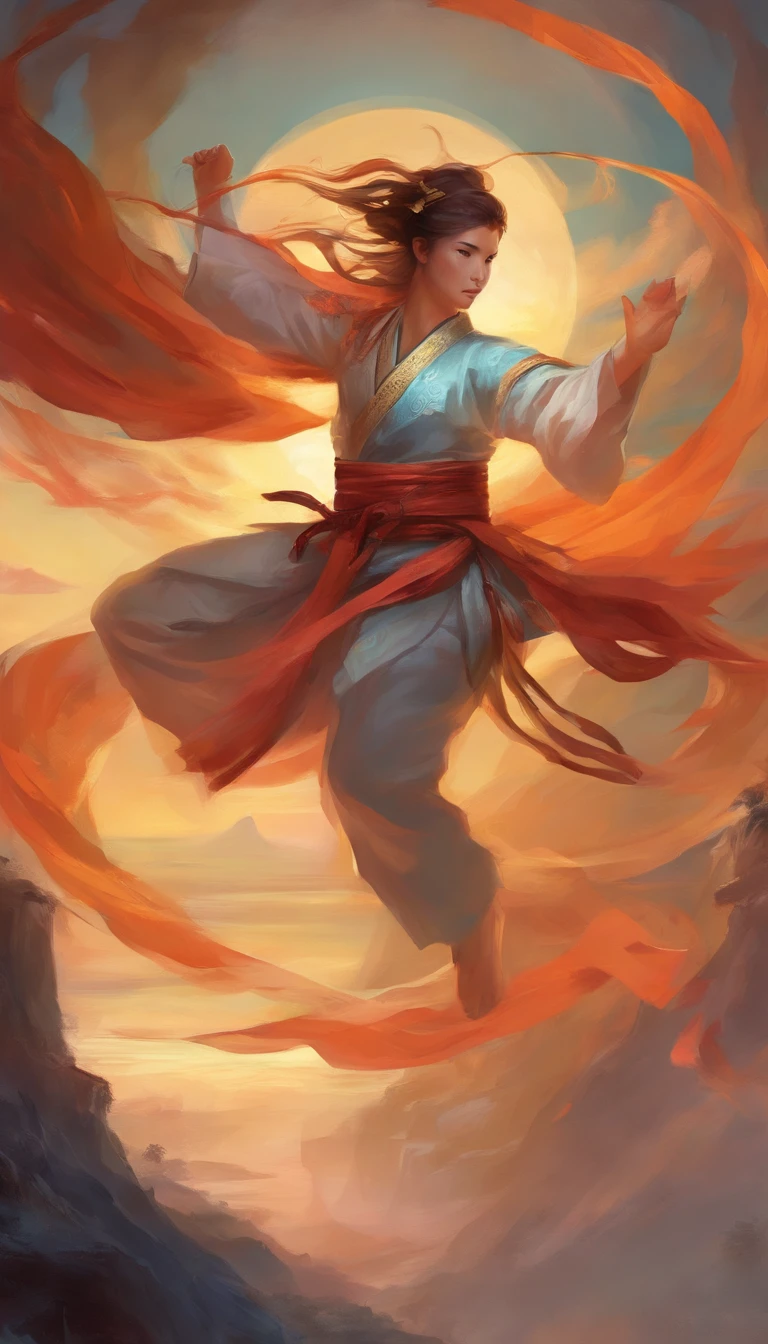 Colorful clouds,Dancing in the sky, wukong \(black myth\), Ink painting style, Clean colors, decisive cutting, White space, freehand brushwork, Soft lighting,dreamy glow, ( Bokeh),Masterpiece, Super detailed, Epic composition, Highest quality, 4K,