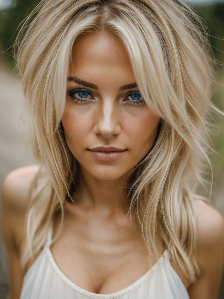 Photorealistic of a insanely beautiful woman with blonde windy messy hair, in the style of panasonic lumix s pro 50mm f/1.4, light beige and dark azure, celebrity images mashups, soft realism, barbiecore, unreal engine 5, 32k uhd, luminous quality, swiss realism, niji 5