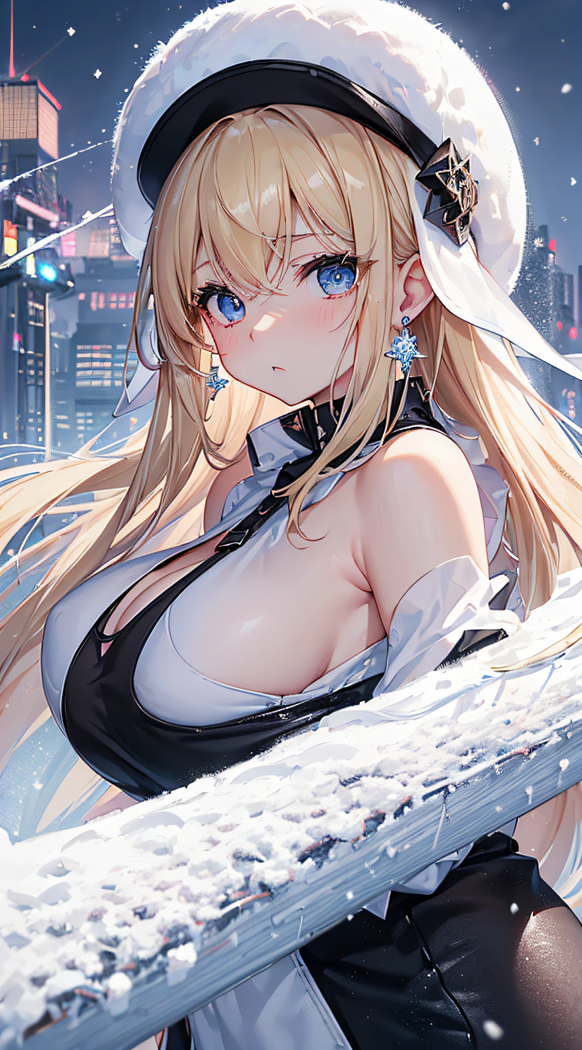 top-quality、Top image quality、masterpiece、girl with((Black tank top、White coat、Black leather pants、sixteen years old、 ager、cute little、Best Bust、big bast,Beautiful light blue eyes、Breasts wide open, a blond、A slender,Large valleys、belligerent movements,Hugging gestures、dye one's cheeks red、shivering、sapphire earrings、exhale white、Hats、Cold Face)),hiquality、Beautiful Art、Background with((ice burn city、snowflakes falling、Heavy snow falls)))、masutepiece、depth of fields,8K
