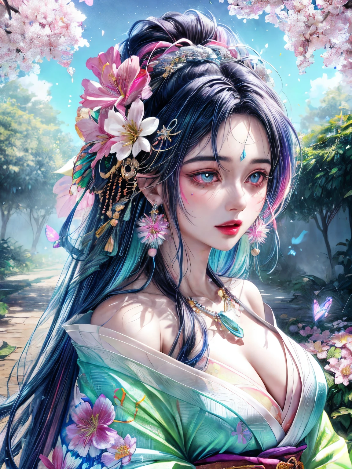 shukezouma, octane render, hdr, (hyperdetailed:1.15), (soft light, sharp:1.2), 1girl, beautiful girl, ultra detailed eyes, mature, plump, thick, rainbow painting drops,splat, splash, long colored hair, ultra detailed texture kimono, (hair ornaments, earrings, flowers hair ornaments, butterflies hair ornaments), outdoors, sakura trees