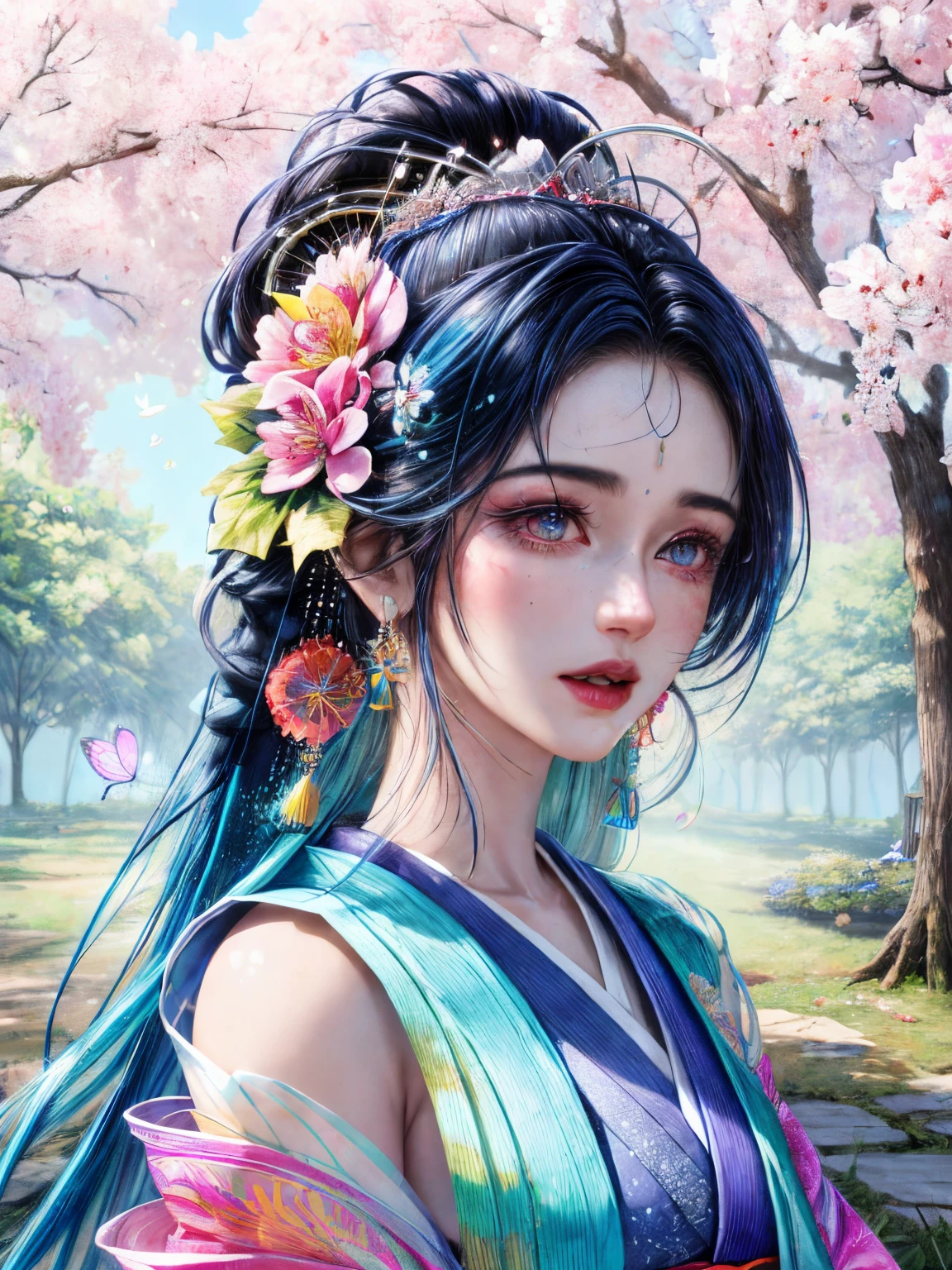 shukezouma, octane render, hdr, (hyperdetailed:1.15), (soft light, sharp:1.2), 1girl, beautiful girl, ultra detailed eyes, mature, plump, thick, rainbow painting drops,splat, splash, long colored hair, ultra detailed texture kimono, (hair ornaments, earrings, flowers hair ornaments, butterflies hair ornaments), outdoors, sakura trees