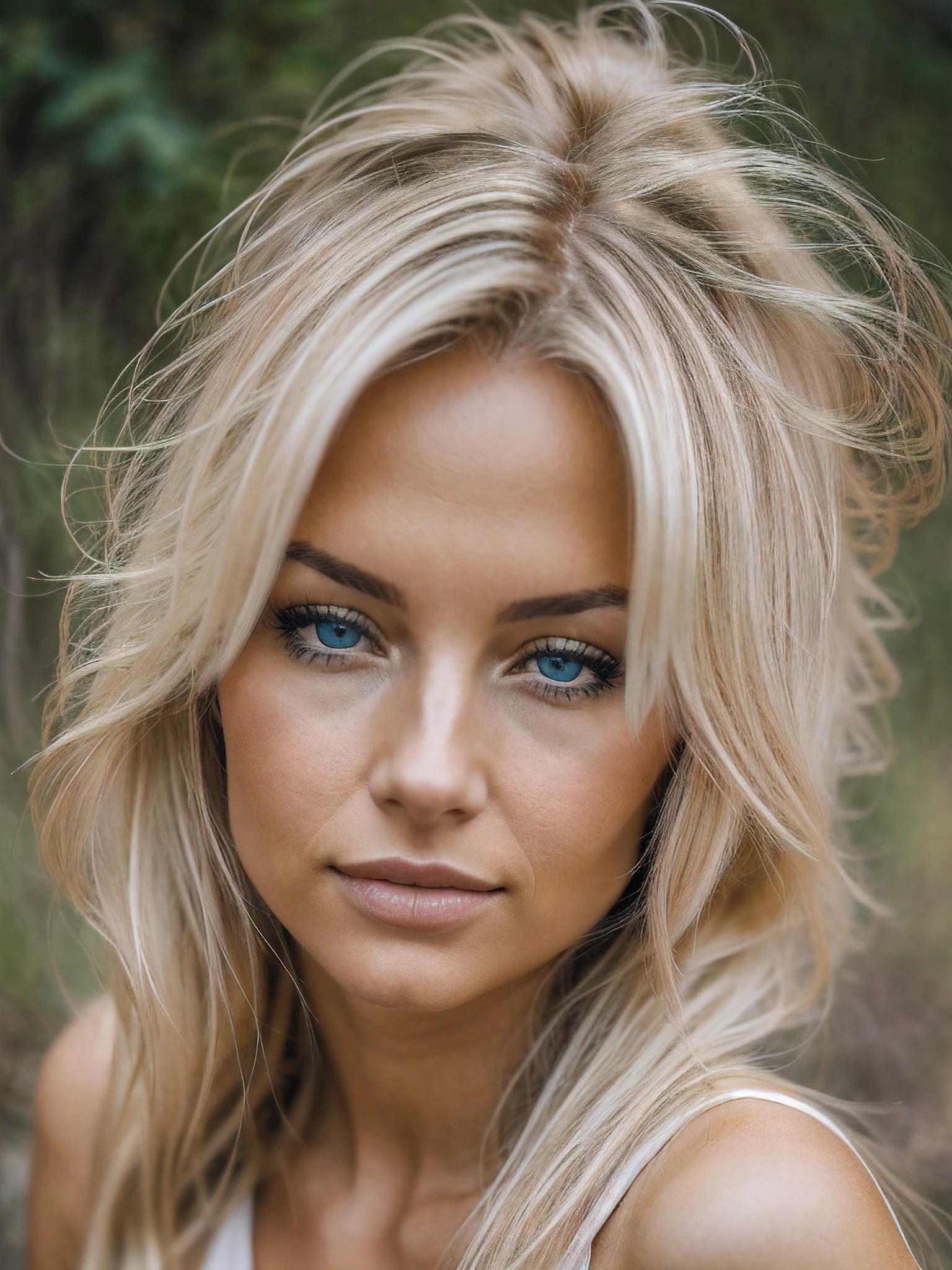 Photorealistic of an insanely beautiful woman with blonde, windigen, unordentlichen Haaren, Im Stil von Panasonic Lumix S Pro 50mm F/1.4, Hellbeige und dunkles Azurblau, Mashups for Celebrity Pictures, Sanfter Realismus, Barbiecore, Unreal Engine 5, 32k UHD, Leuchtkraft, Schweizer Realismus, Niji 5