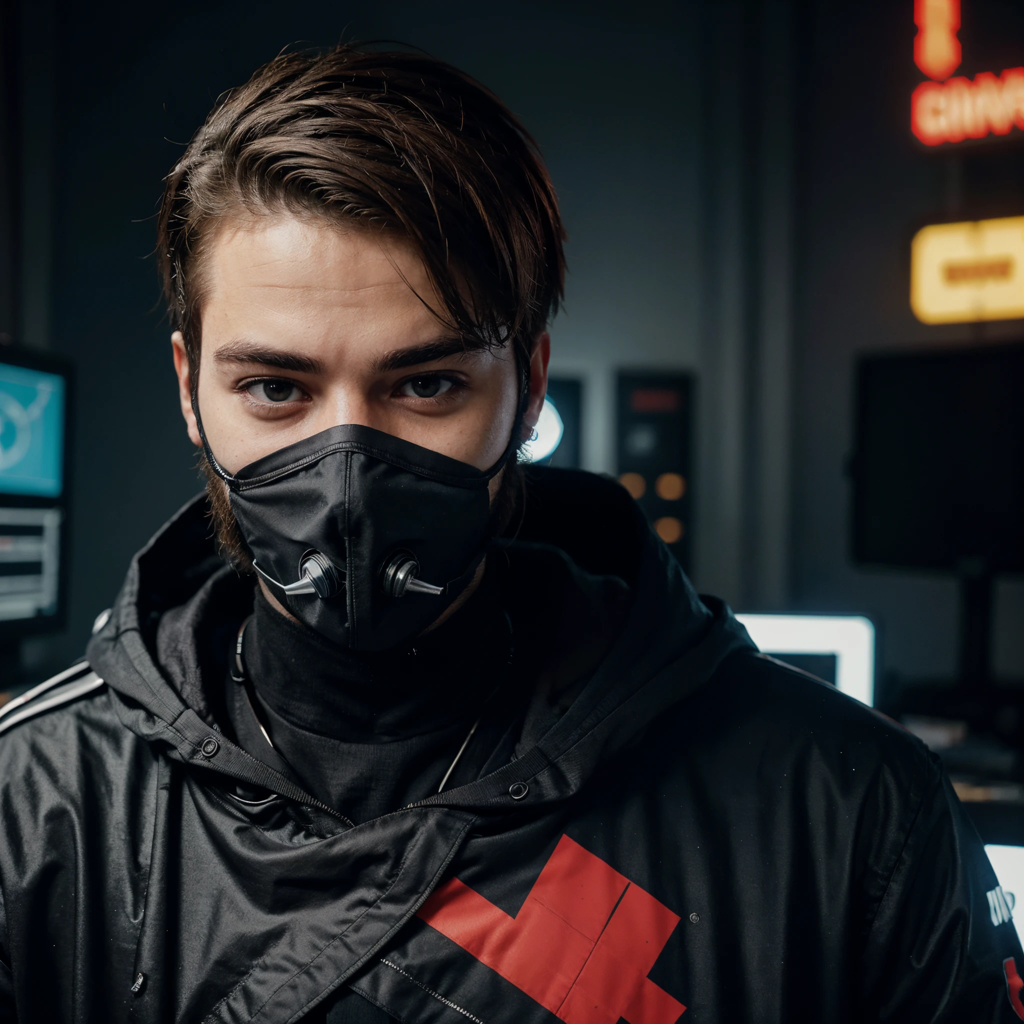 emote de um controle gamer, his his little bit beard, his age is , wearing mask cover in neck not his hair or his eyes, cyberpunk background