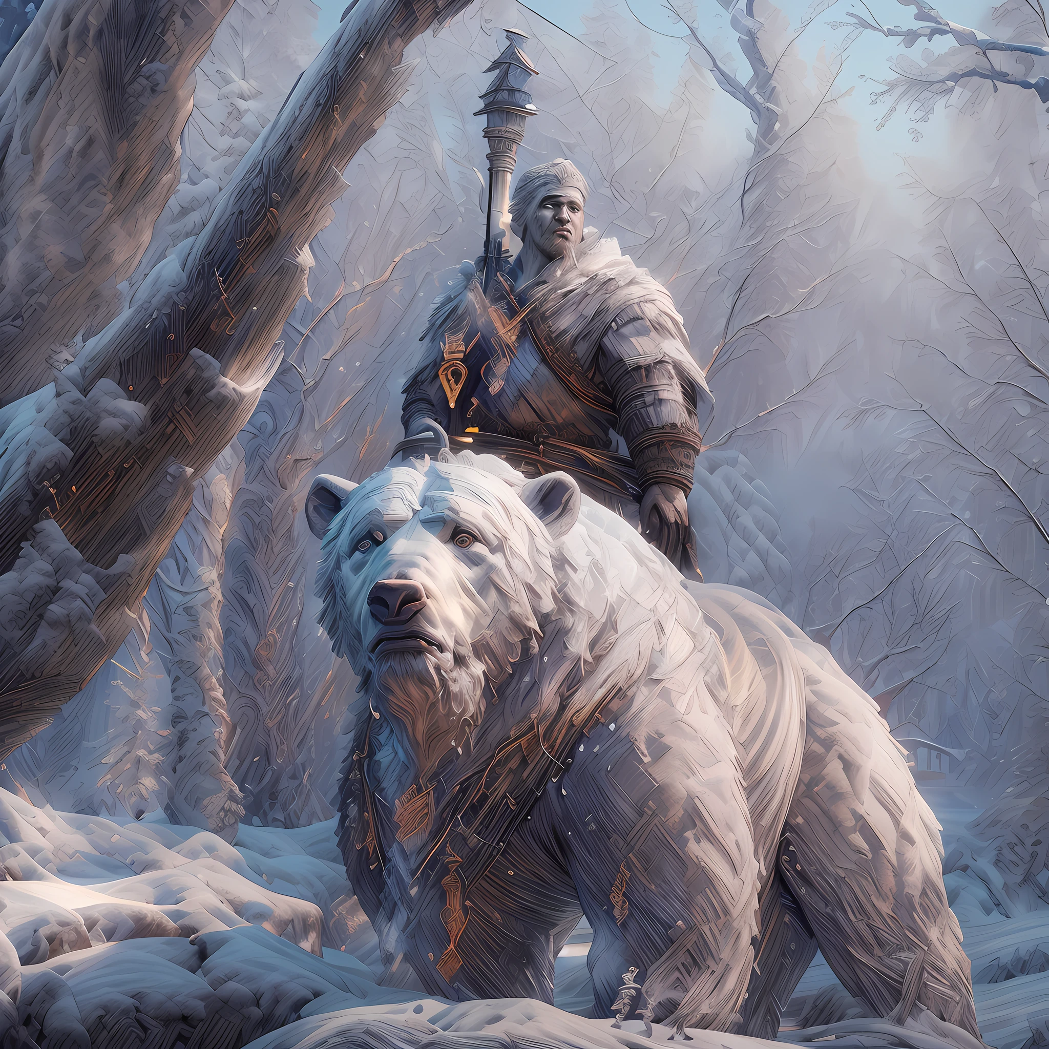 high details, best quality, 8k, [ultra detailed], masterpiece, best quality, (extremely detailed), dynamic angle, ultra wide shot, RAW, photorealistic, fantasy art, dnd art, rpg art, realistic art, a wide angle picture of a male human druid (intricate details, Masterpiece, best quality: 1.5) and his epic pet white bear, priest of nature, cleric of nature, dnd druid, full body, [[anatomically correct]], dynamic position (1.5 intricate details, Masterpiece, best quality) talking to a white bear, polar bear ((intricate details, Masterpiece, best quality: 1.6) in arctic tundra, trees with snows, half frozen river, snow(intricate details, Masterpiece, best quality: 1.5), a male wearing fur clothes (1.4 intricate details, Masterpiece, best quality), armed with a glowing (quarterstaff: 1.3) gl0w1ngR,  Ultra Detailed Face (intricate details, Masterpiece, best quality: 1.5), fur boots, thick hair, long hair, blond hair, pale skin intense fair eyes, arctic background (intense details), dynamic light, dynamic angle, (intricate details, Masterpiece, best quality: 1.5) high details, best quality, highres, ultra wide angle, 2.5 rendering
