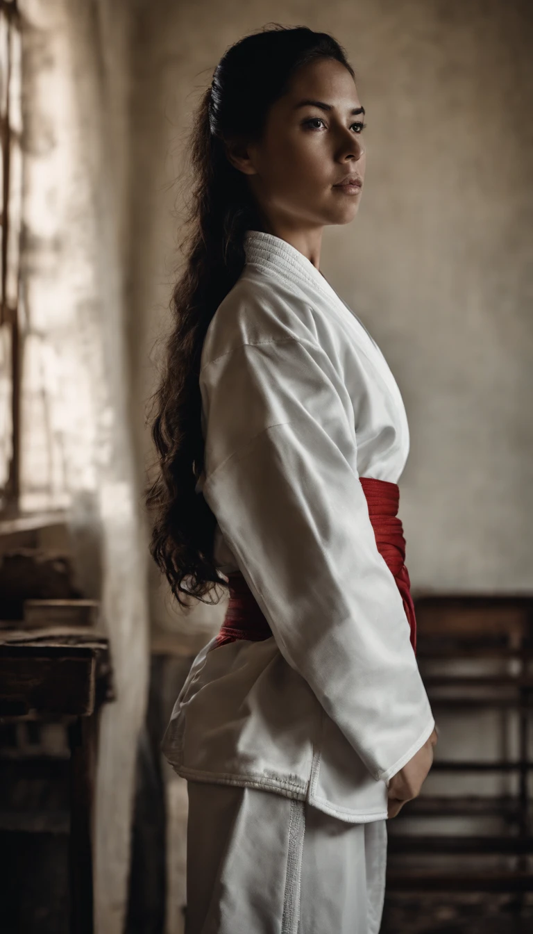 A dark-haired, 1girl in, Empty-handed home,Detailed movements,athlete,fluid and powerful body,Wearing traditional karate gi,Black belt,Deep Focus,Master of martial arts