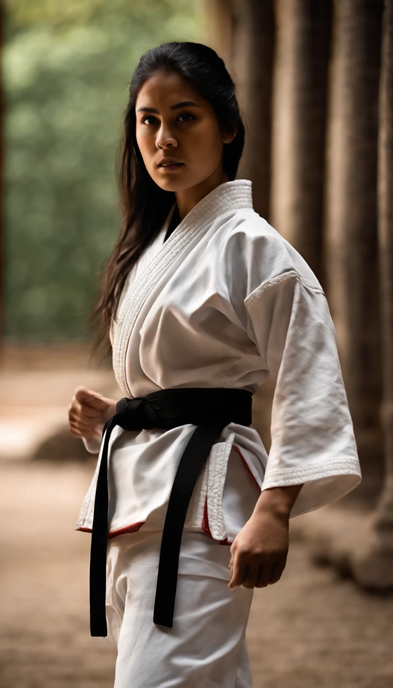 A dark-haired, 1girl in, Empty-handed home,Detailed movements,athlete,fluid and powerful body,Wearing traditional karate gi,Black belt,Deep Focus,Master of martial arts